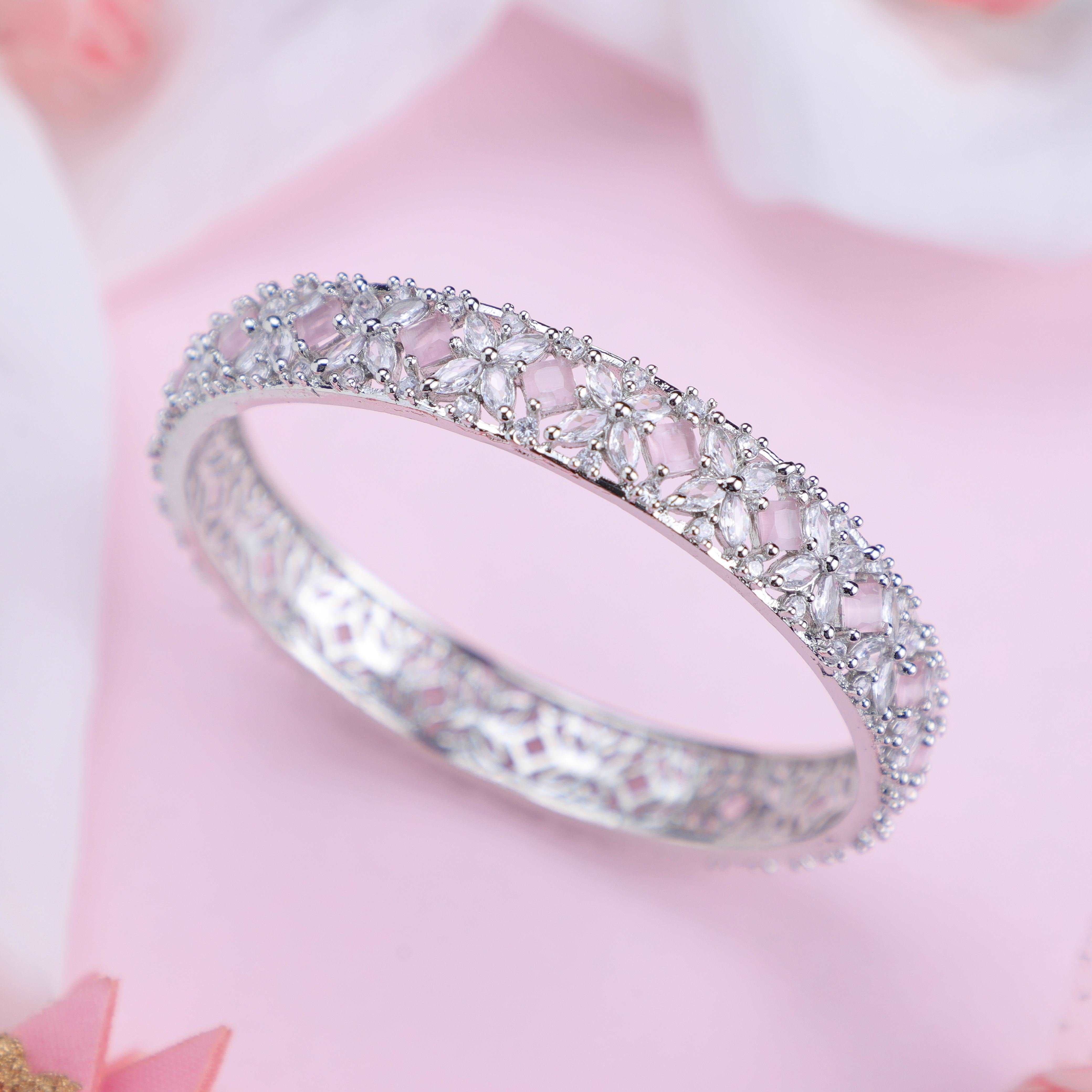 Crystal Pink Silver Zirconia Bangles (Set of 2)