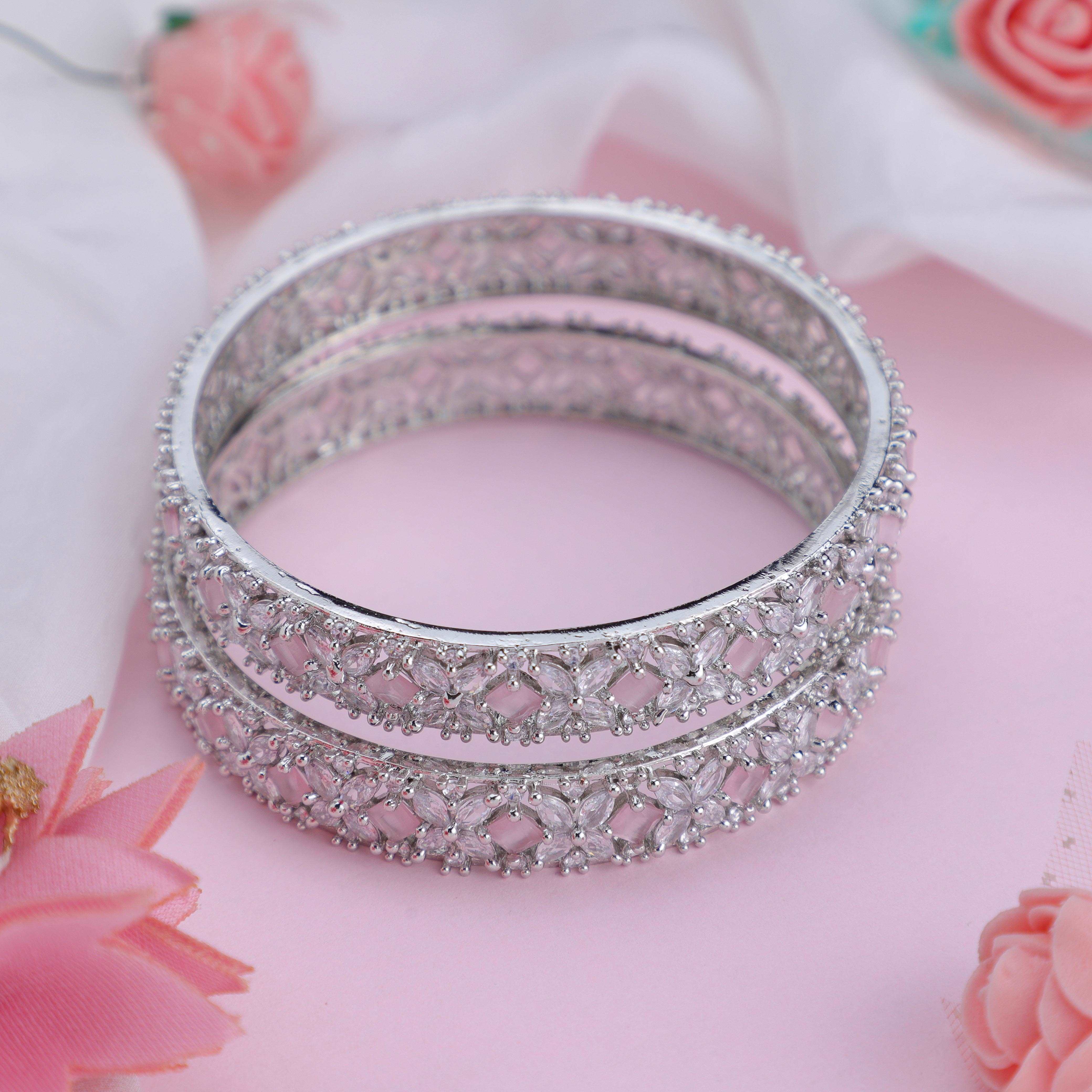 Crystal Pink Silver Zirconia Bangles (Set of 2)