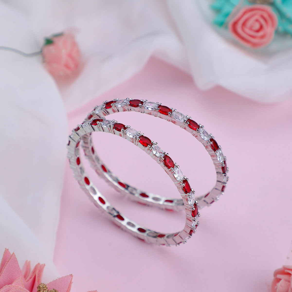 Classic Red & White Zirconia Bangles (Set of 4)