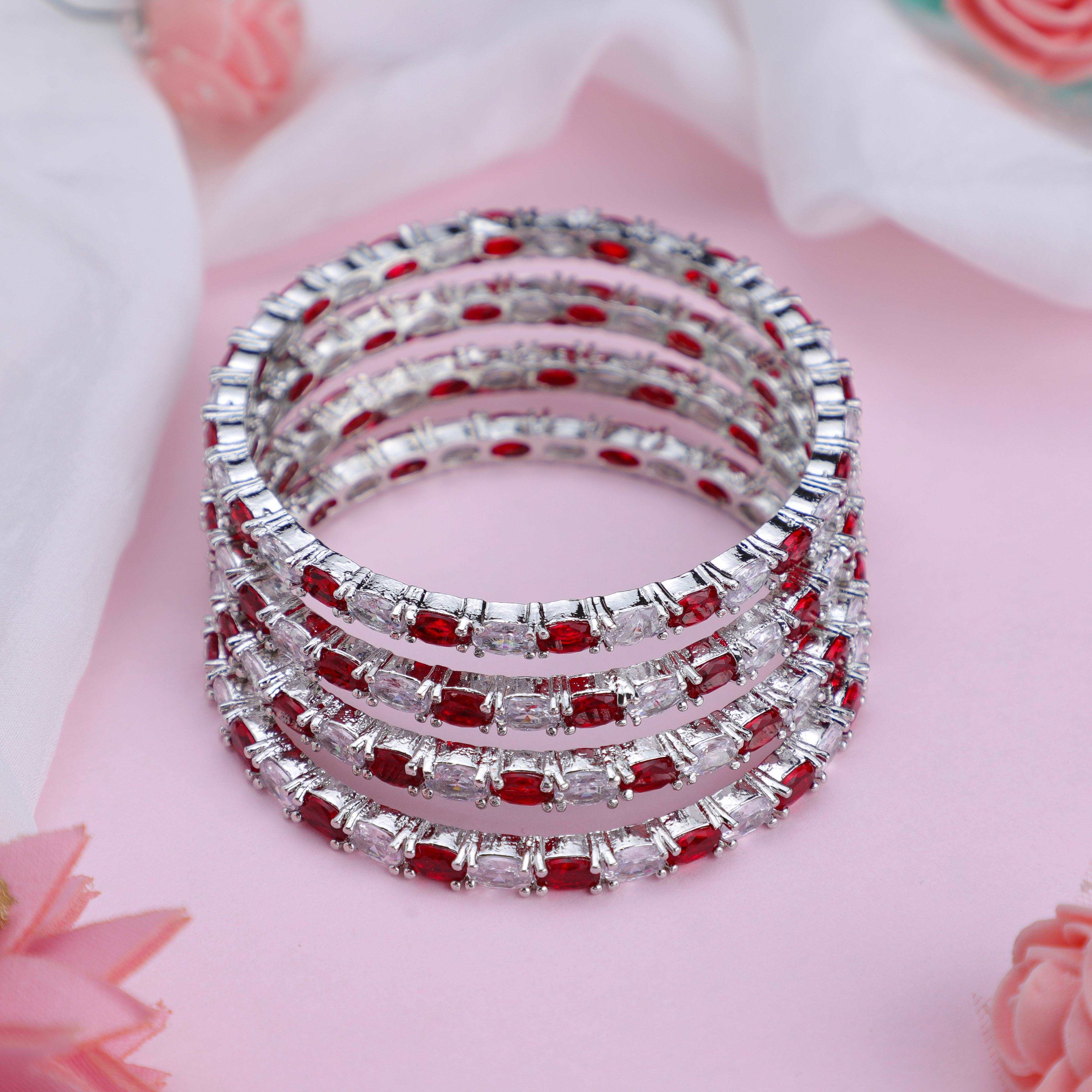 Classic Red & White Zirconia Bangles (Set of 4)