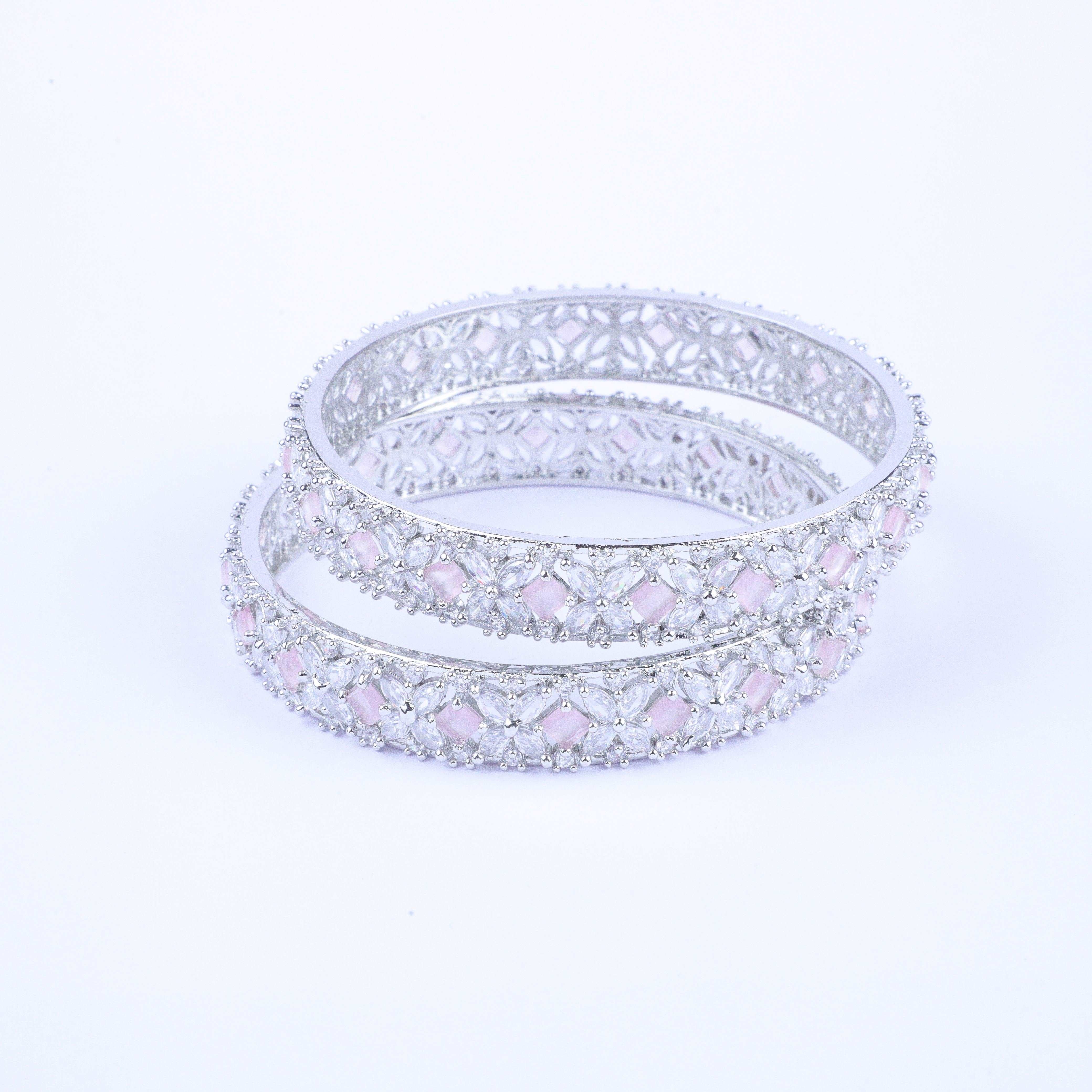 Crystal Pink Silver Zirconia Bangles (Set of 2)