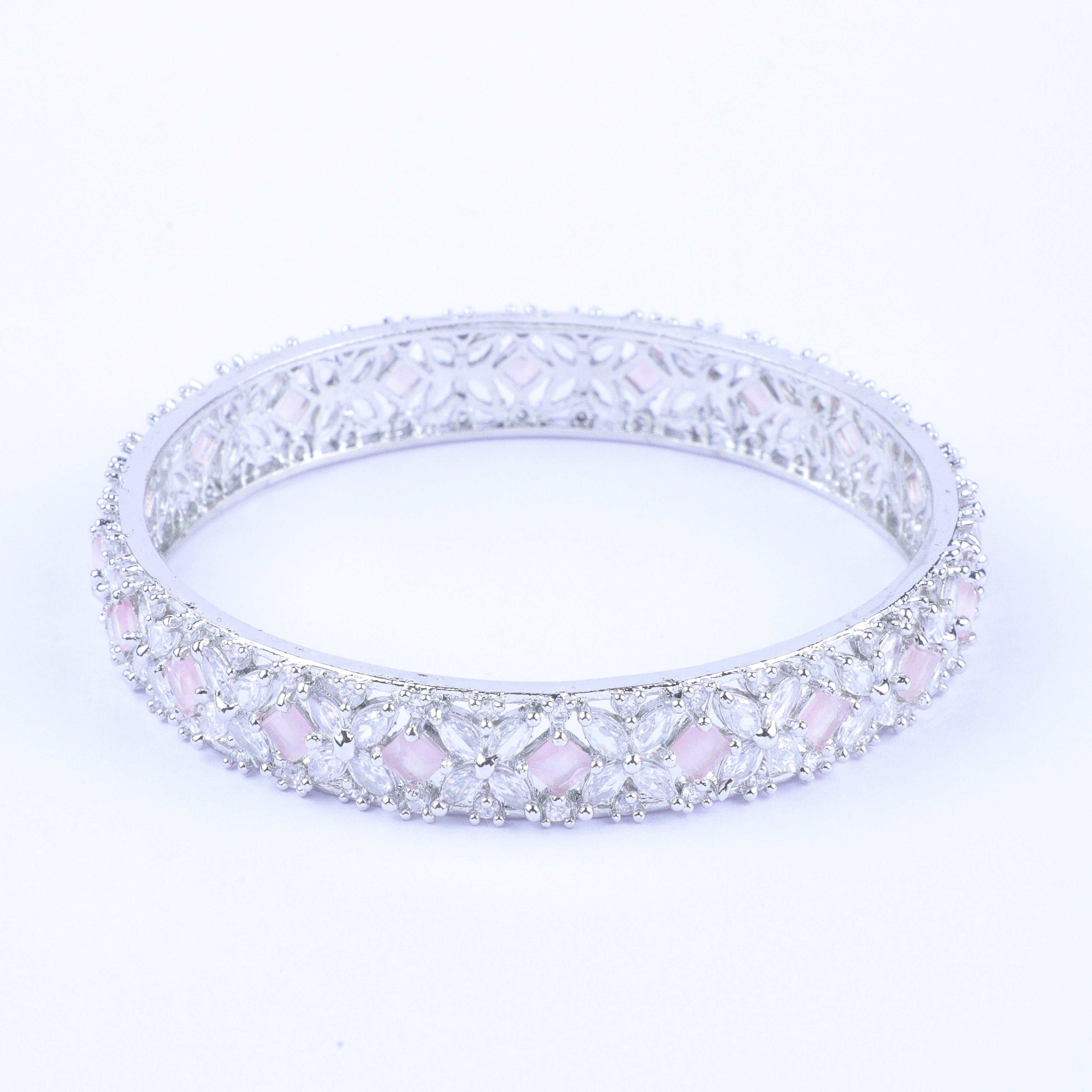 Crystal Pink Silver Zirconia Bangles (Set of 2)