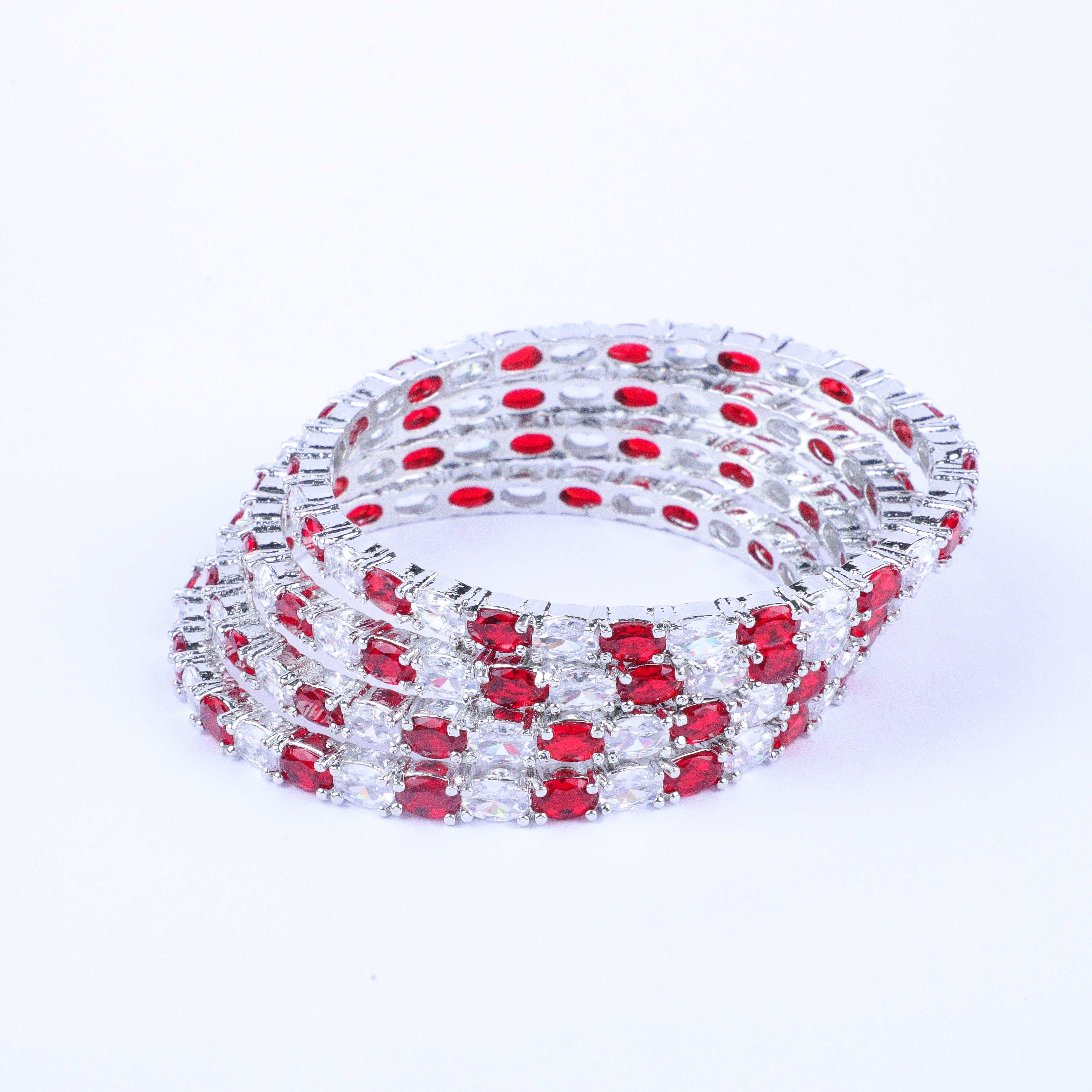 Classic Red & White Zirconia Bangles (Set of 4)