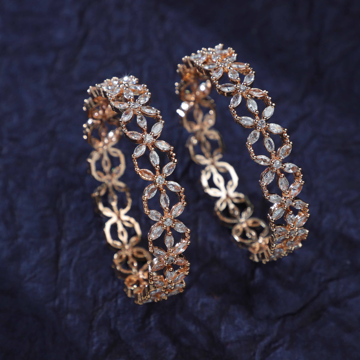 Rose Gold Floral Zirconia Kada (Set of 2)