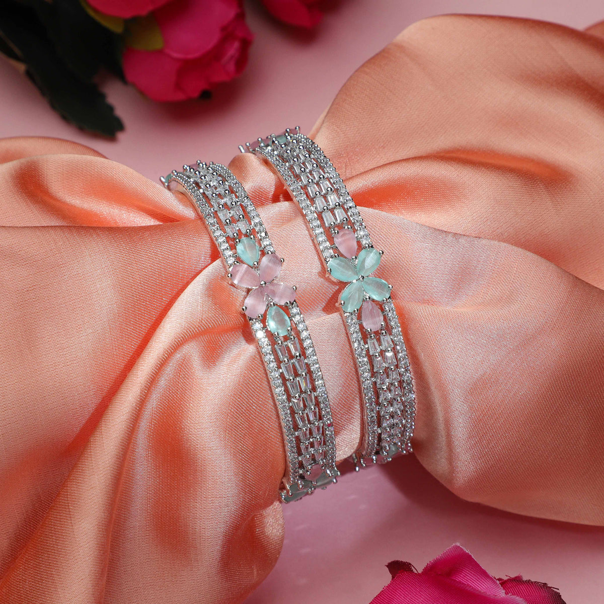 Floral Mint Pink Zirconia Bangles (Set of 2)