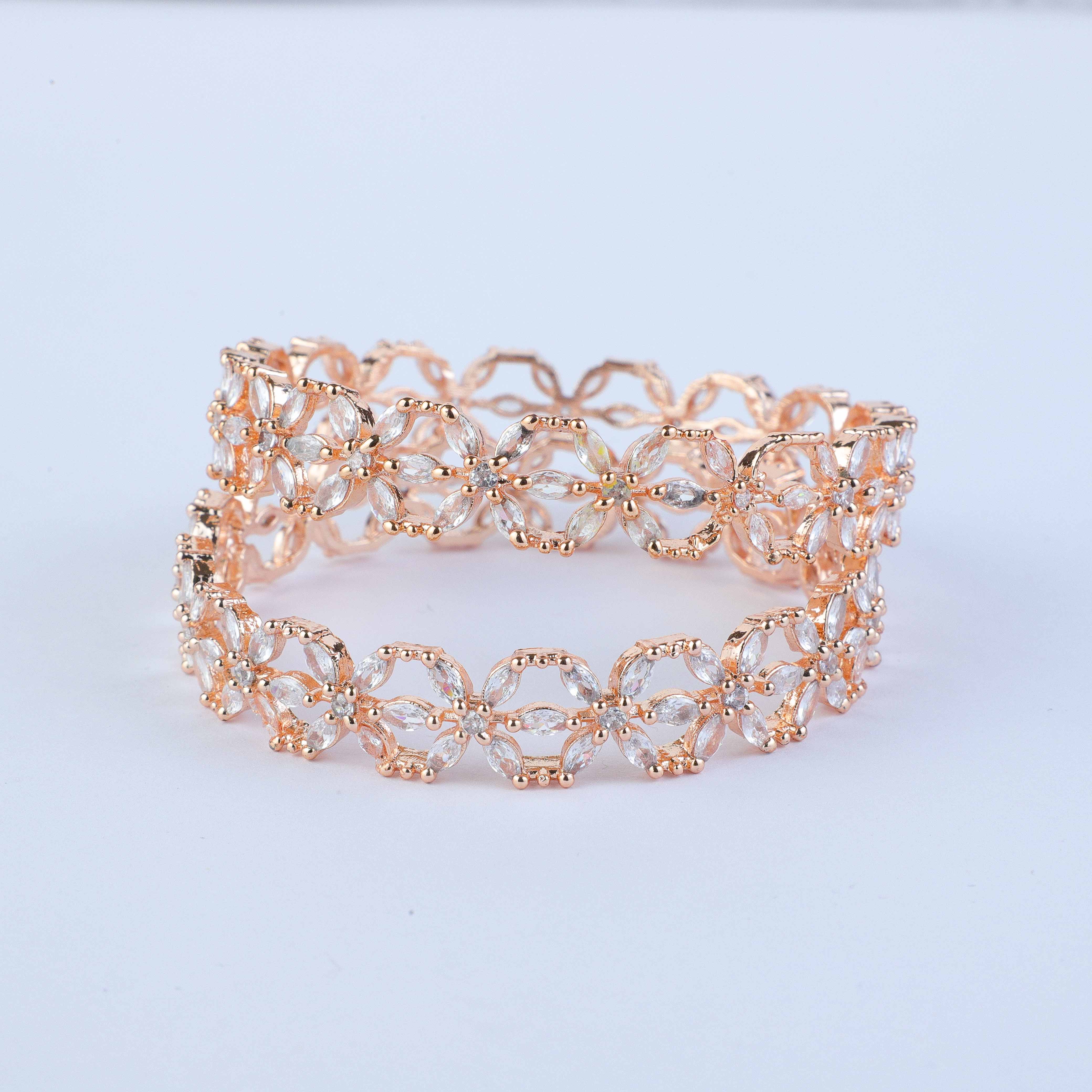 Rose Gold Floral Zirconia Kada (Set of 2)