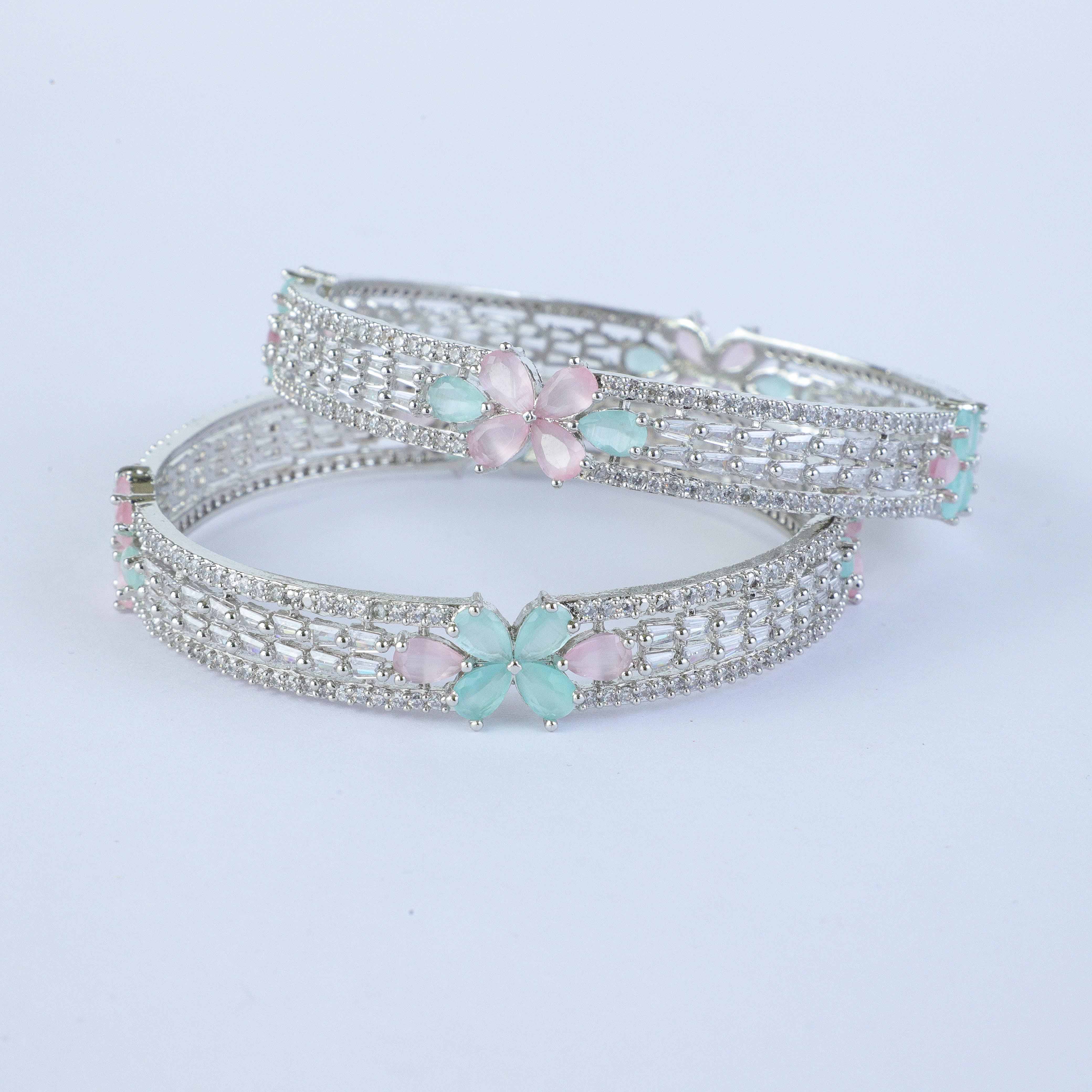 Floral Mint Pink Zirconia Bangles (Set of 2)