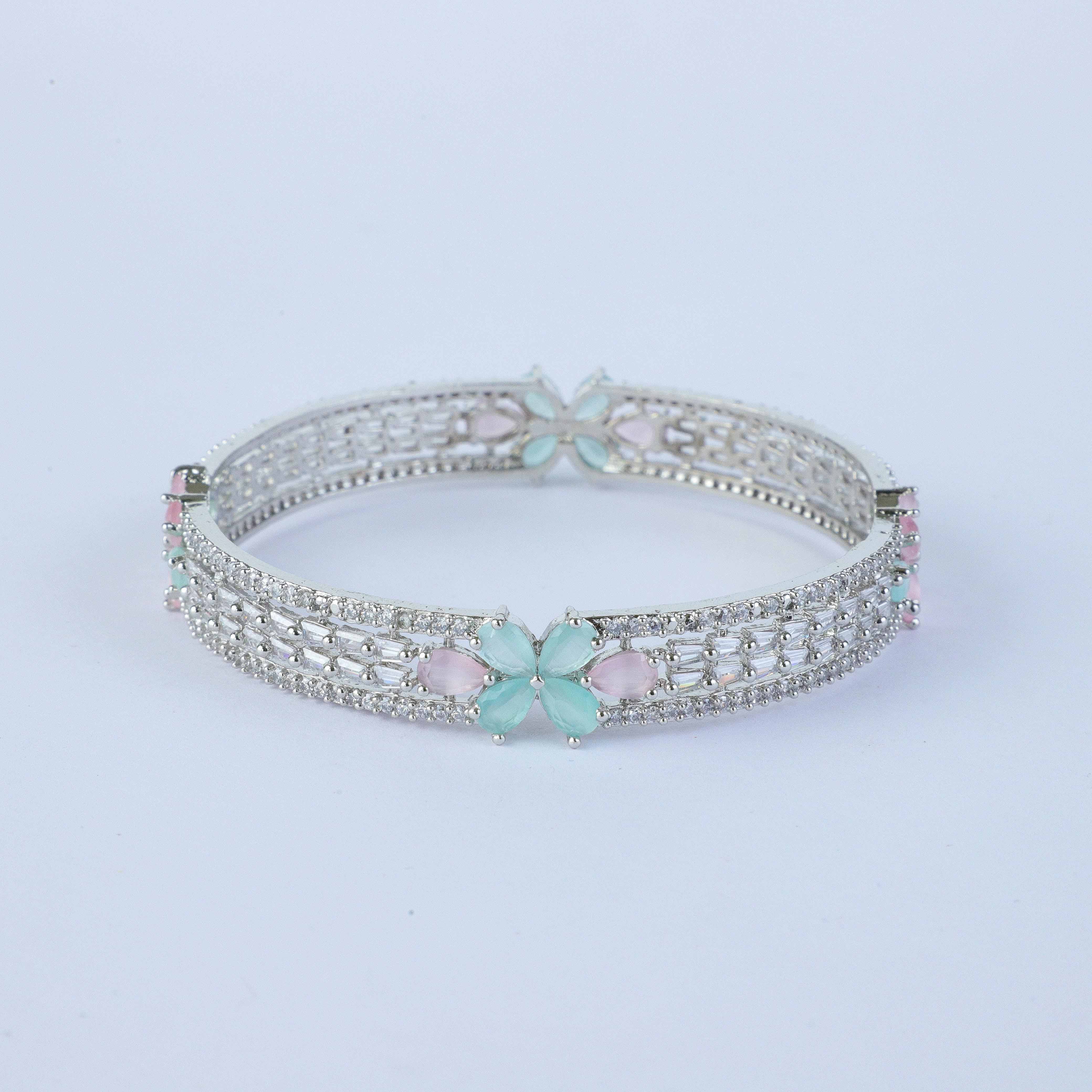 Floral Mint Pink Zirconia Bangles (Set of 2)