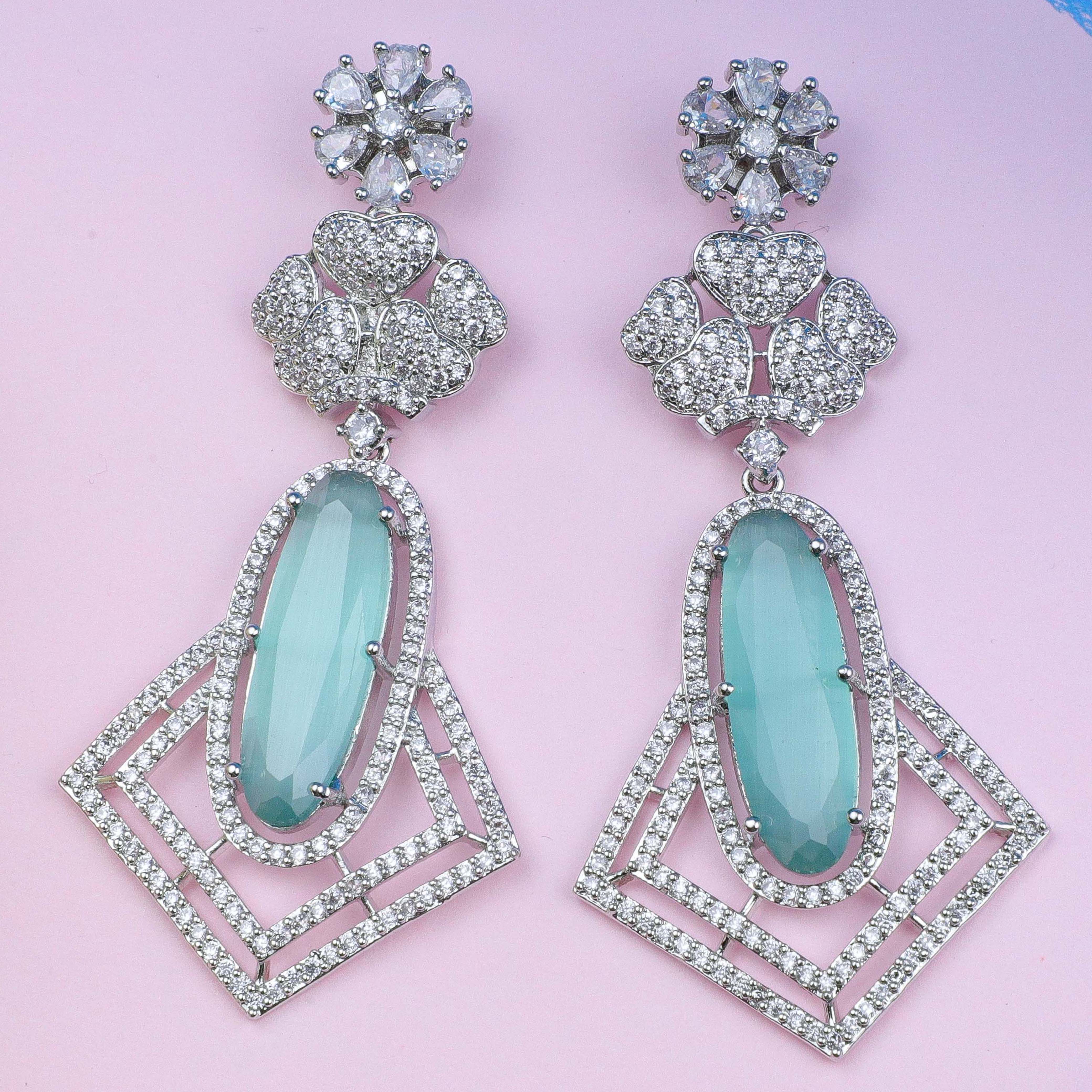 Ovate Mint Stone Silver Zirconia Earrings