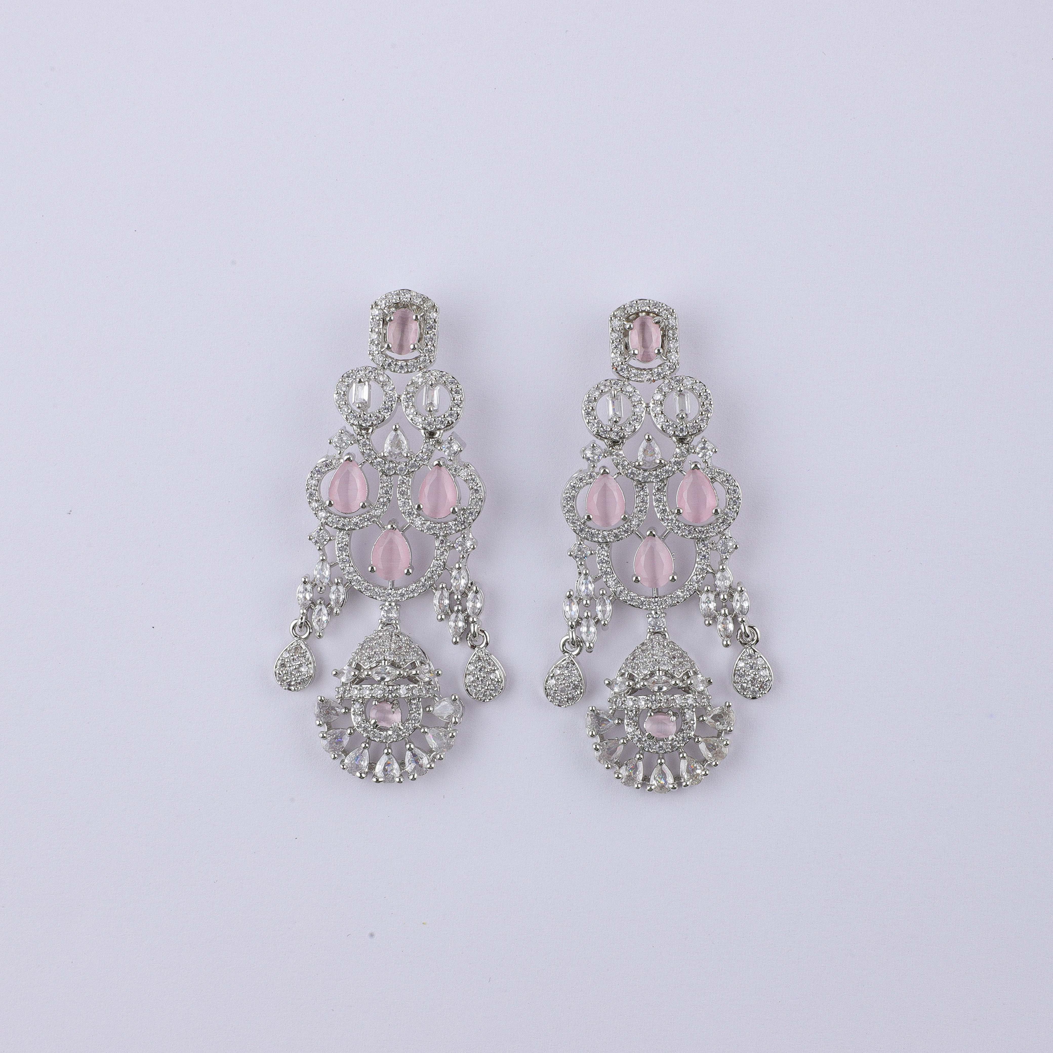 Pink Embellished Silver Zirconia Hangings