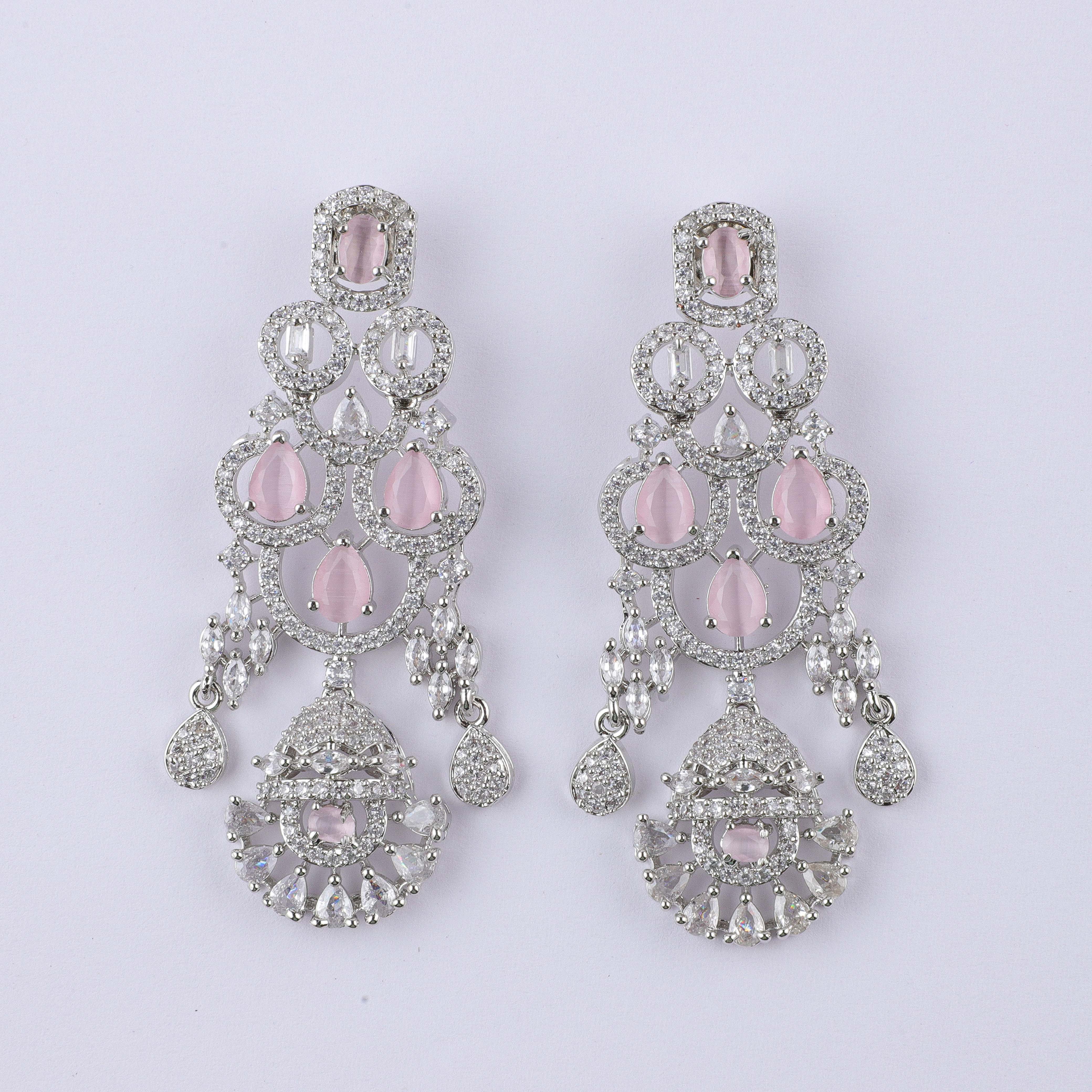 Pink Embellished Silver Zirconia Hangings