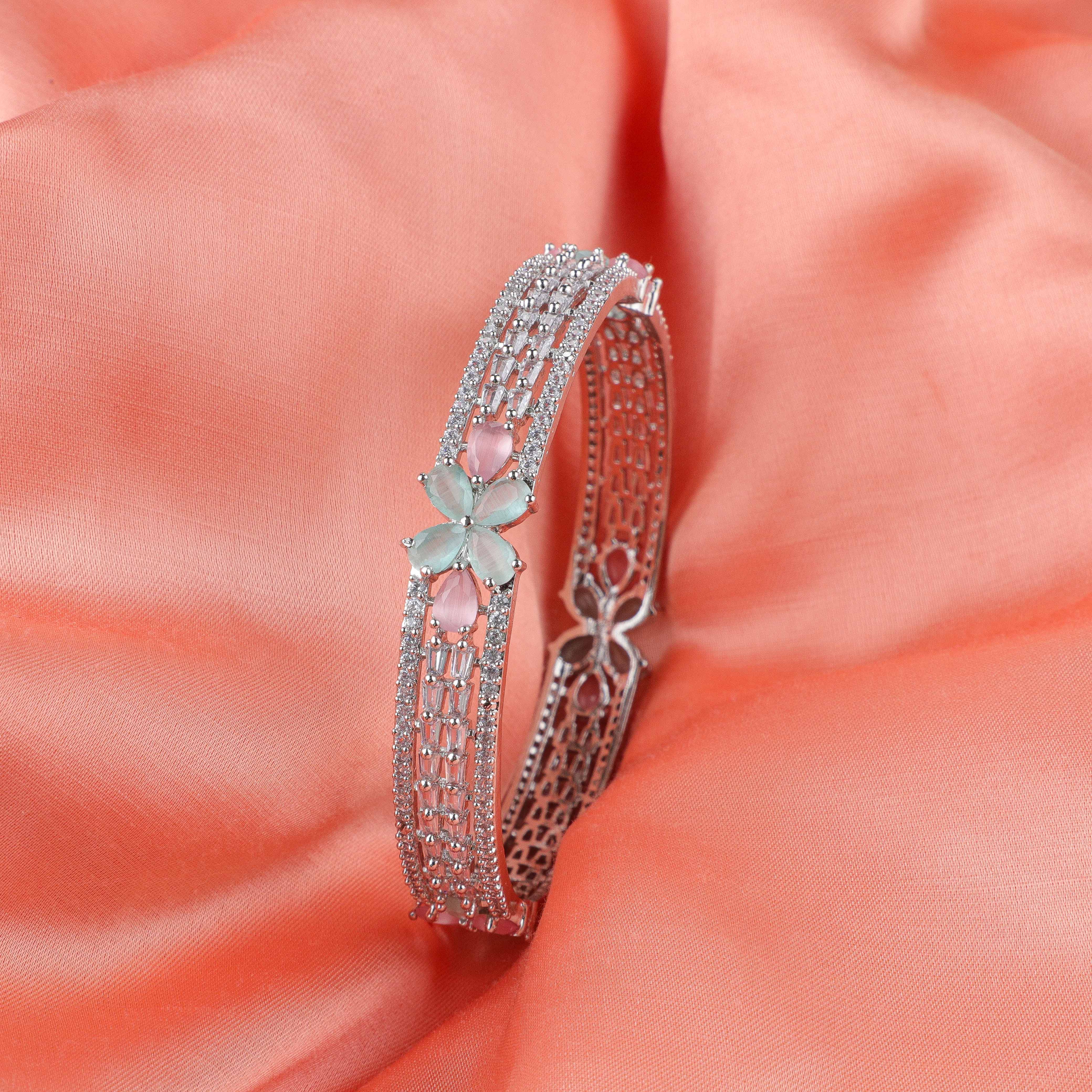 Floral Mint Pink Zirconia Bangles (Set of 2)