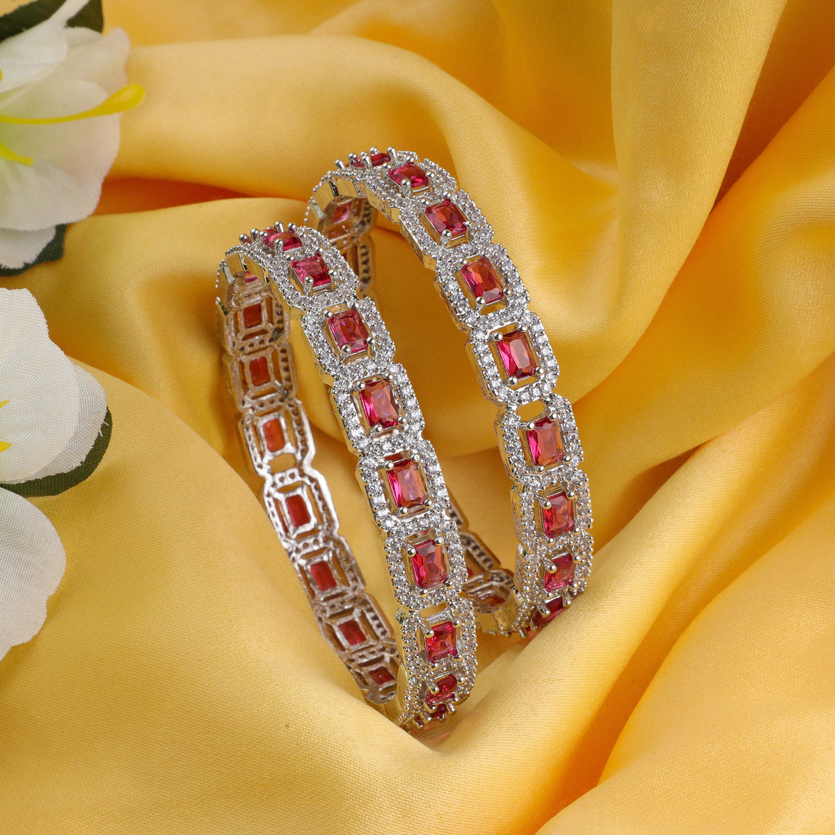 Cubic Ruby Silver Zirconia Bangles (Set of 2)