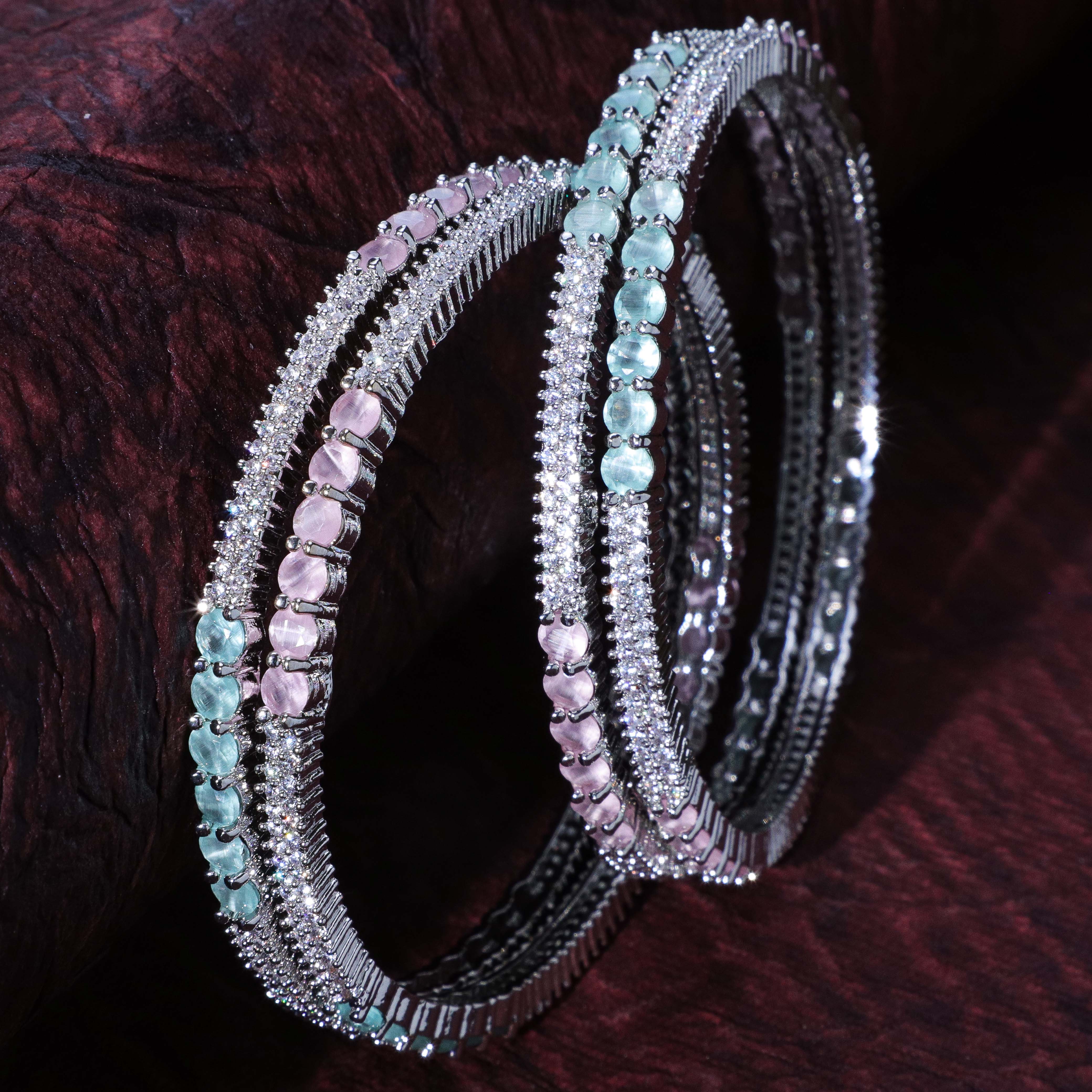 Exquisite Mint Pink Silver Zirconia Bangles (Set of 4)