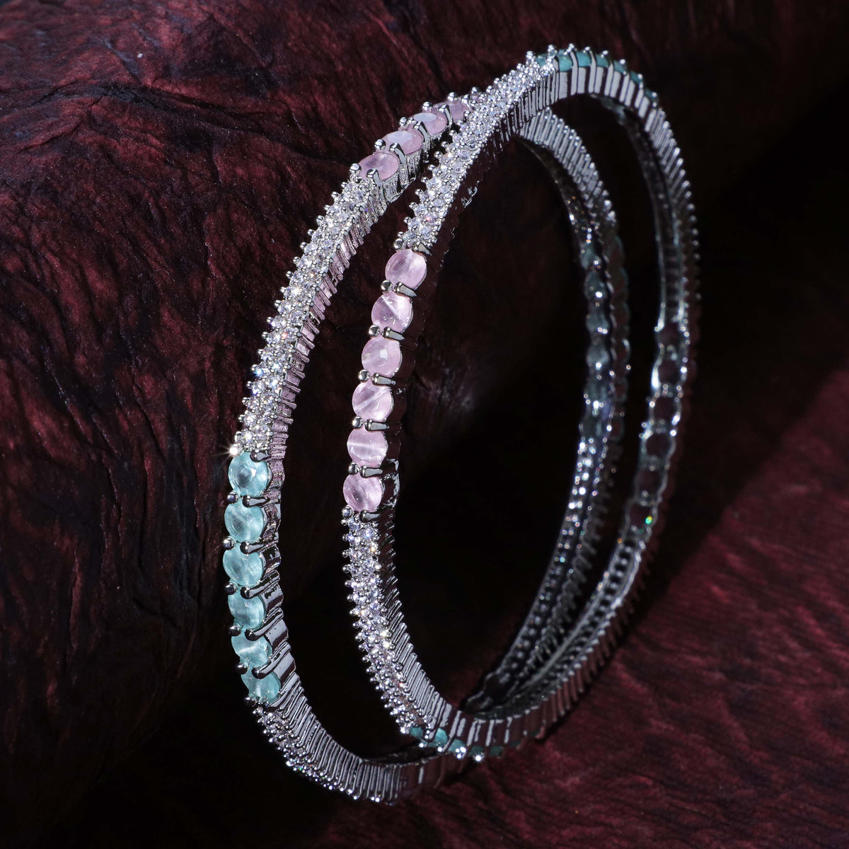 Exquisite Mint Pink Silver Zirconia Bangles (Set of 4)