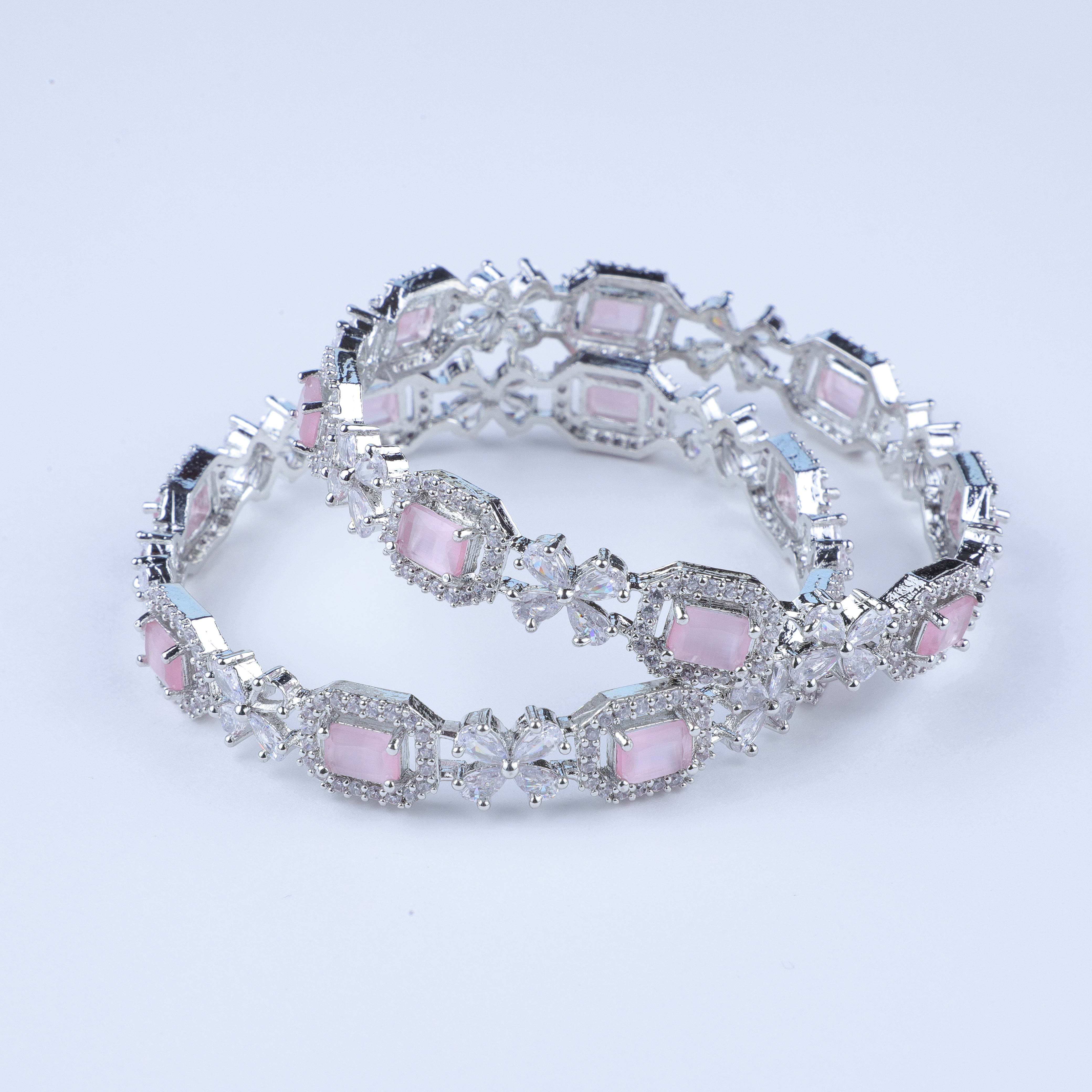 Pink Crystal Reverie Silver Zirconia Bangles (Set of 2)