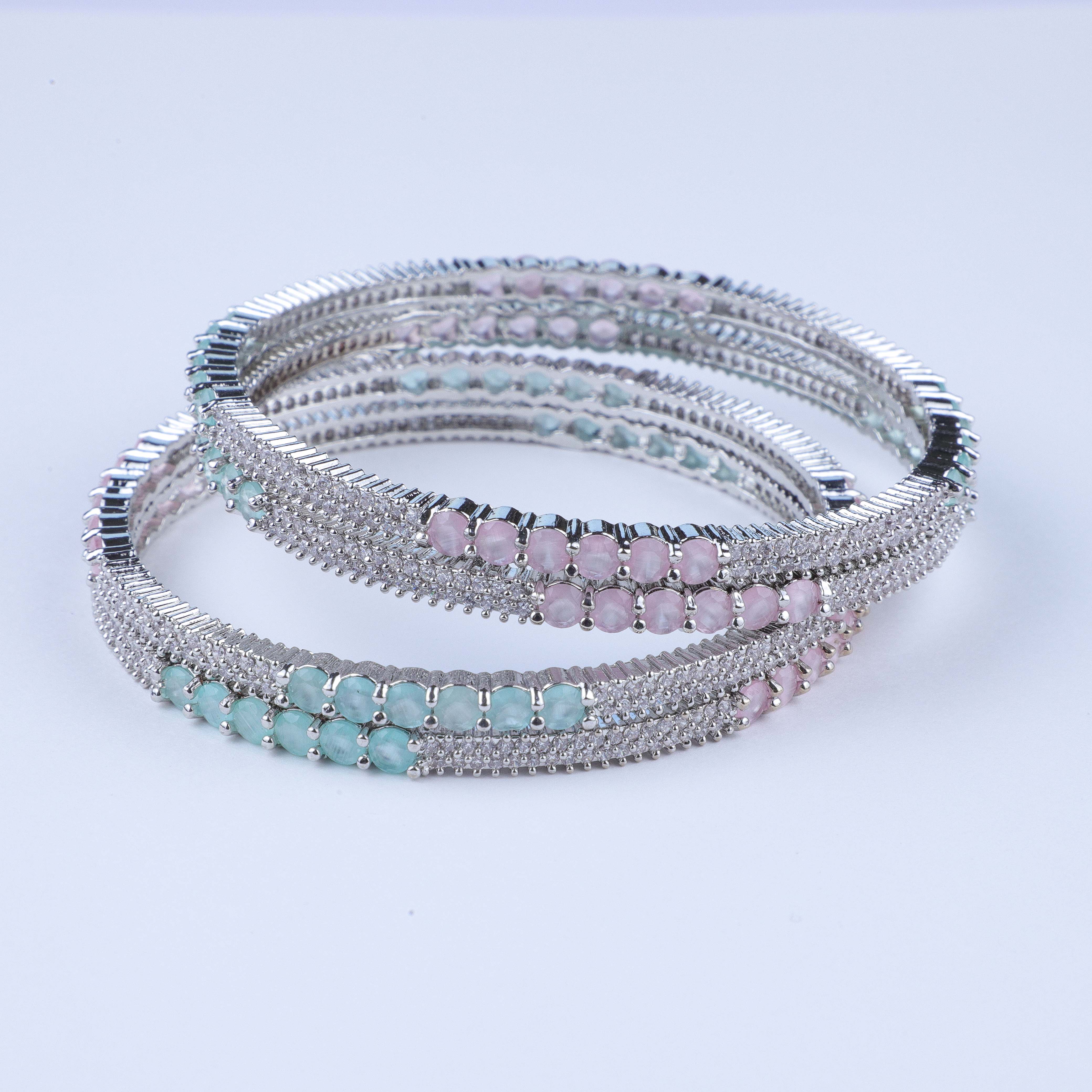 Exquisite Mint Pink Silver Zirconia Bangles (Set of 4)