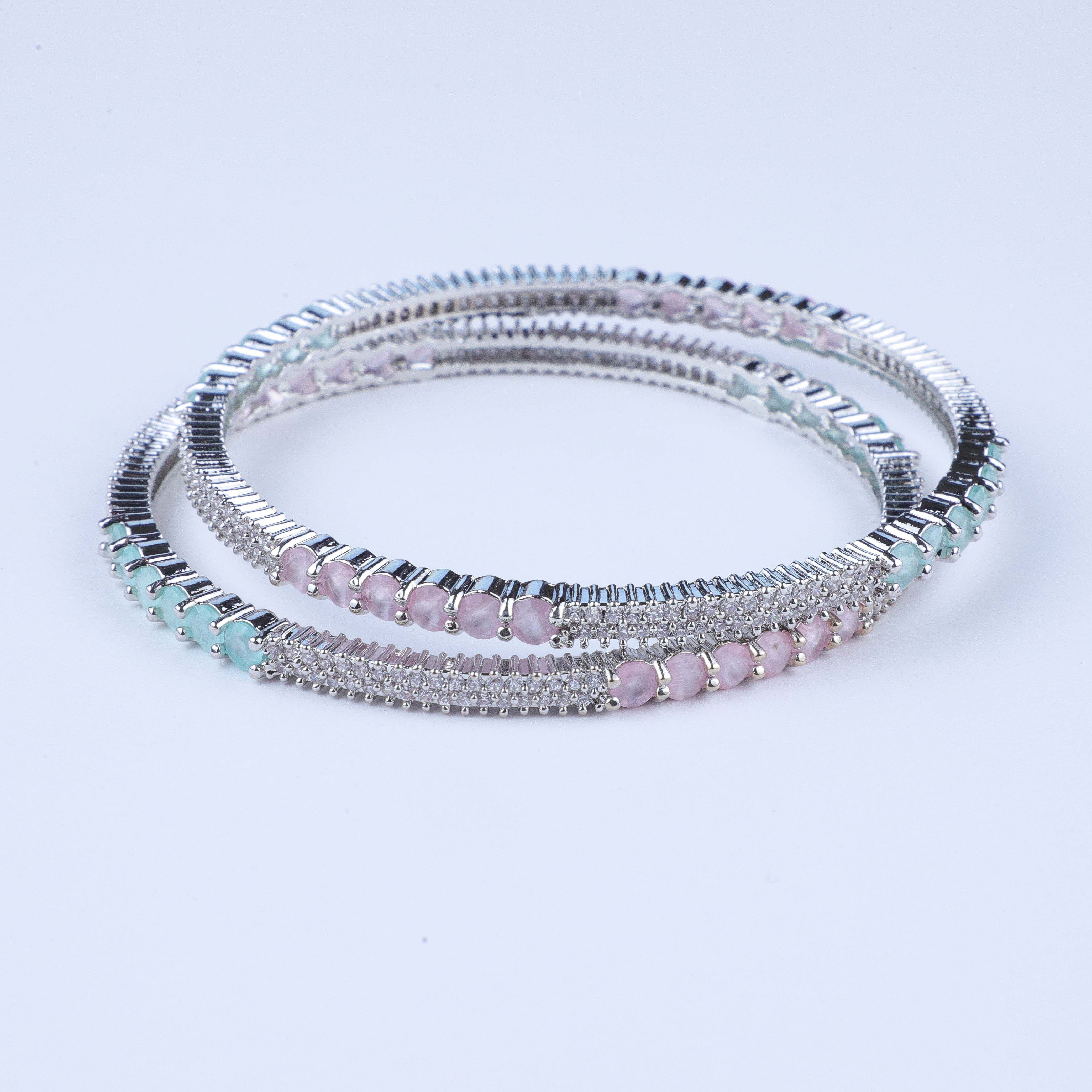 Exquisite Mint Pink Silver Zirconia Bangles (Set of 4)