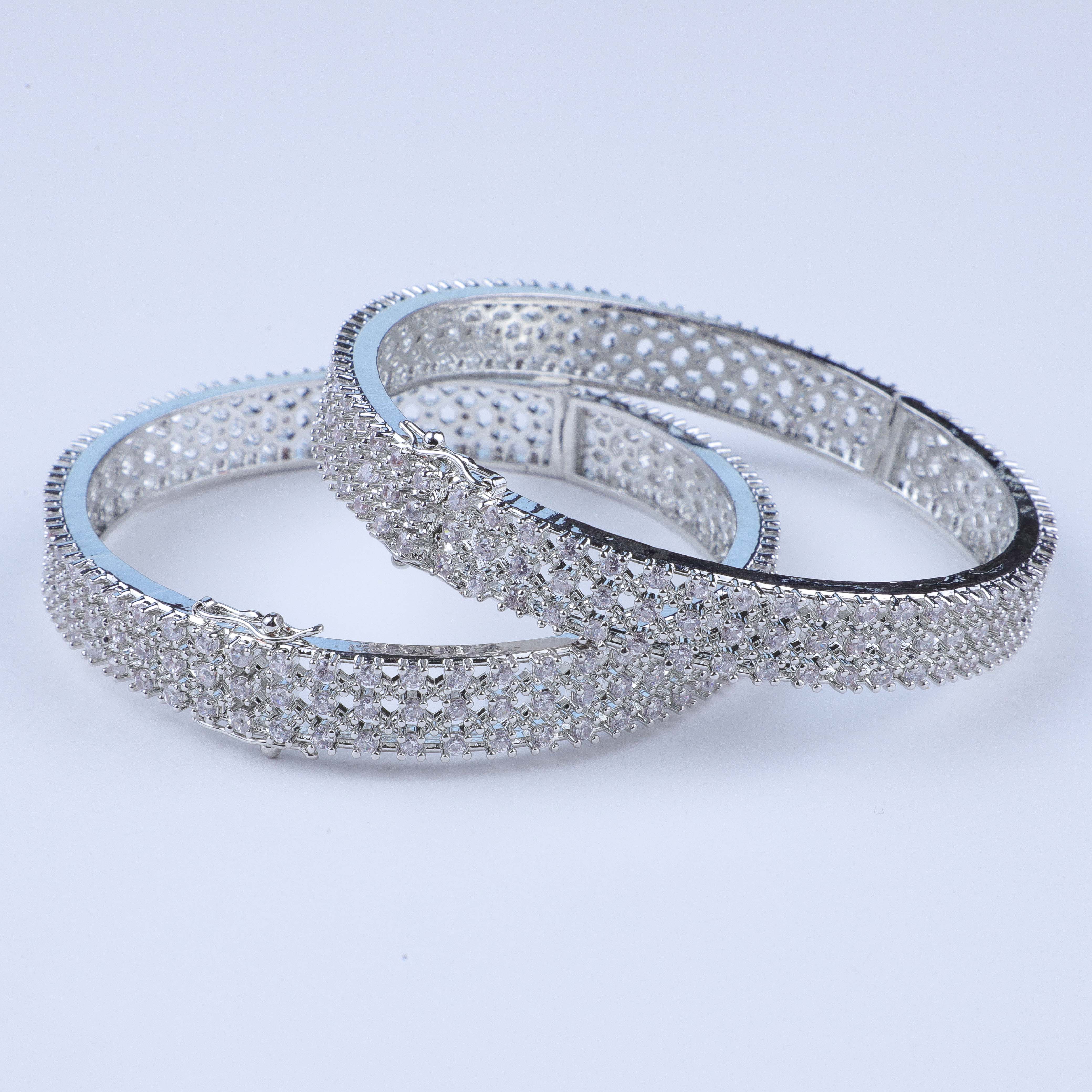 Regal Twinkling Silver Zirconia Kada With Lock (Set of 2)