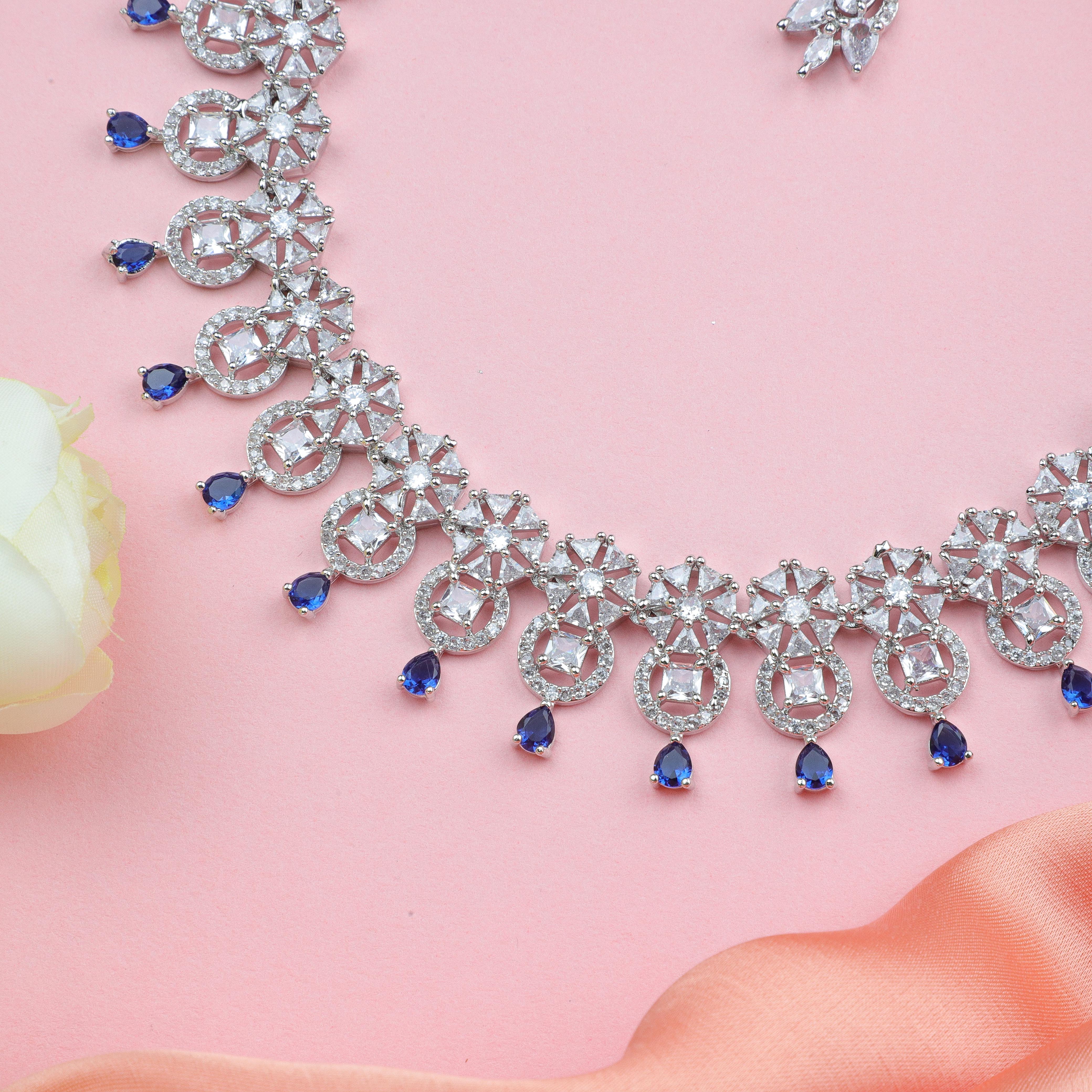 Blue Drop Floral Silver Zirconia Necklace Set