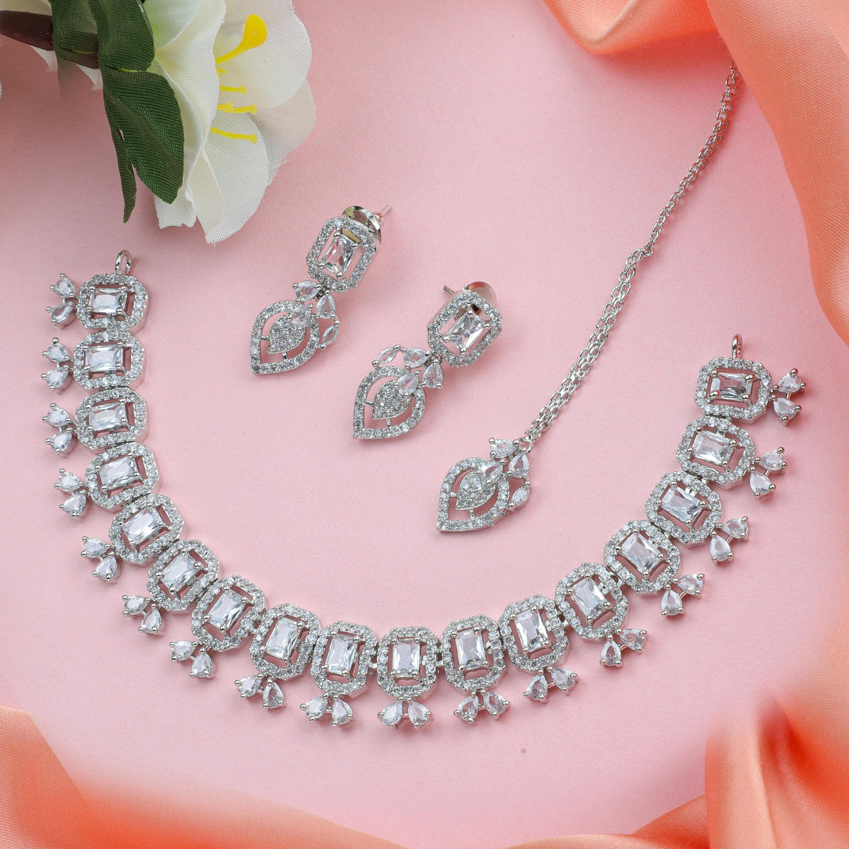 Radiant Silver Gem Zirconia Necklace Set