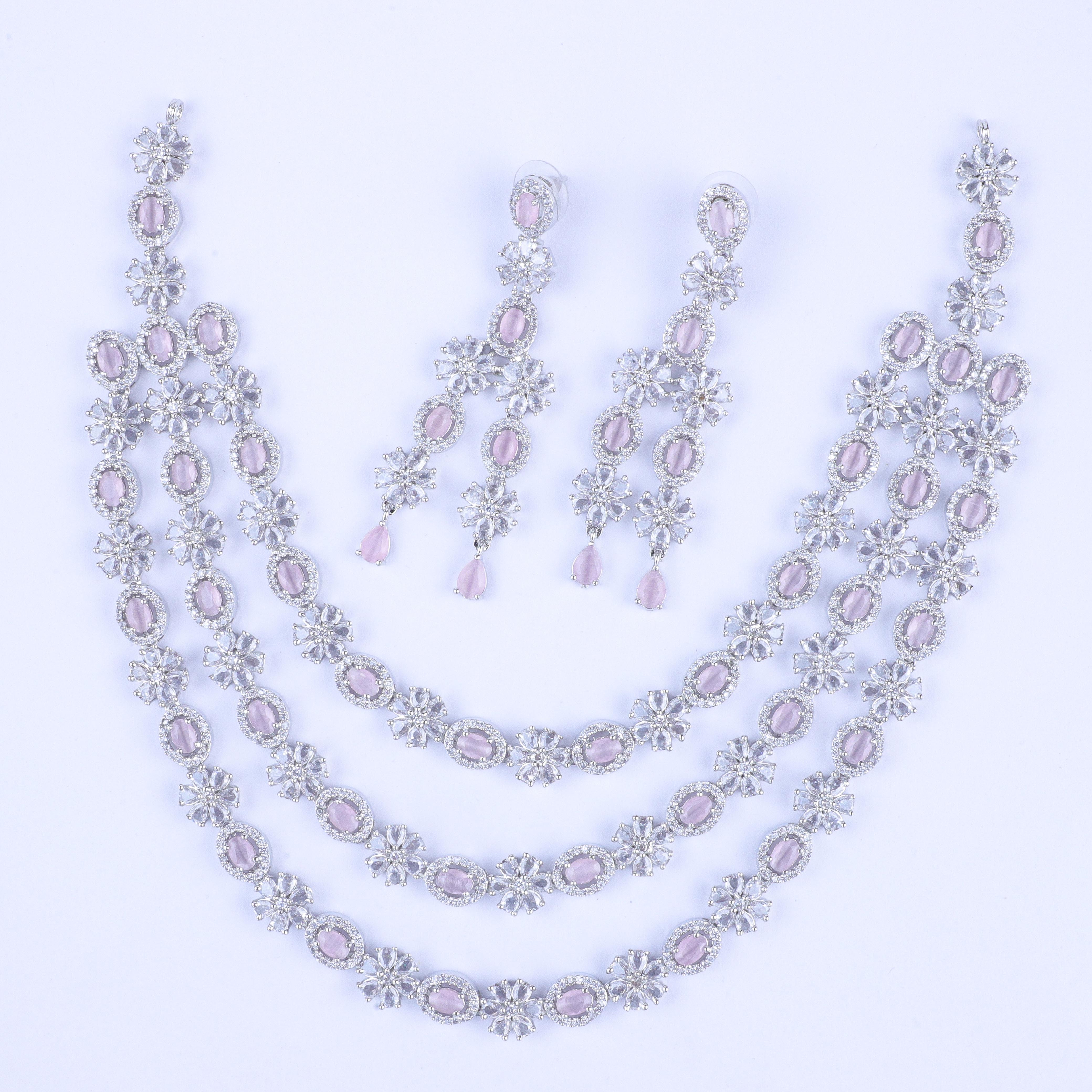 Pink 3-Layer Floral Zirconia Necklace Set