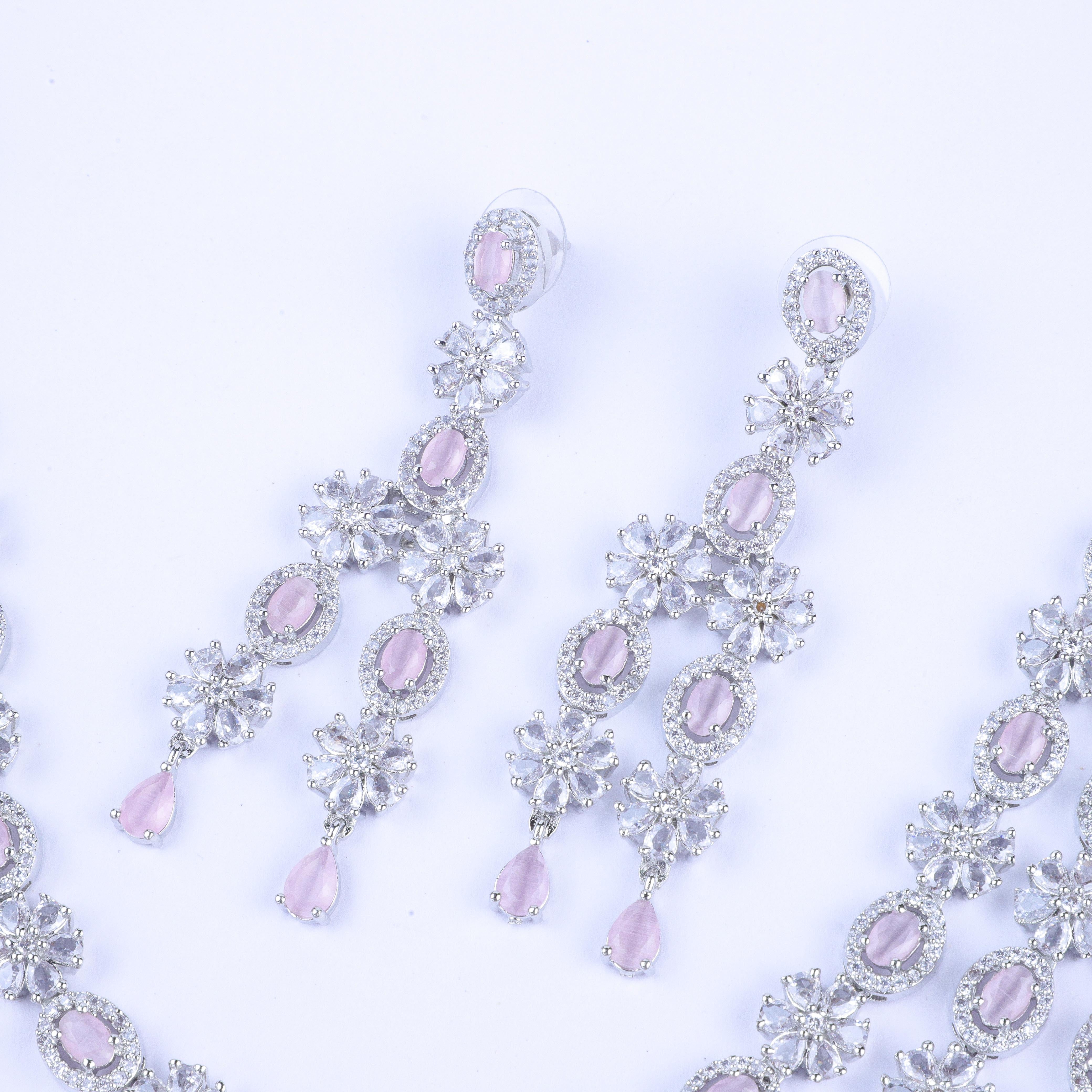 Pink 3-Layer Floral Zirconia Necklace Set