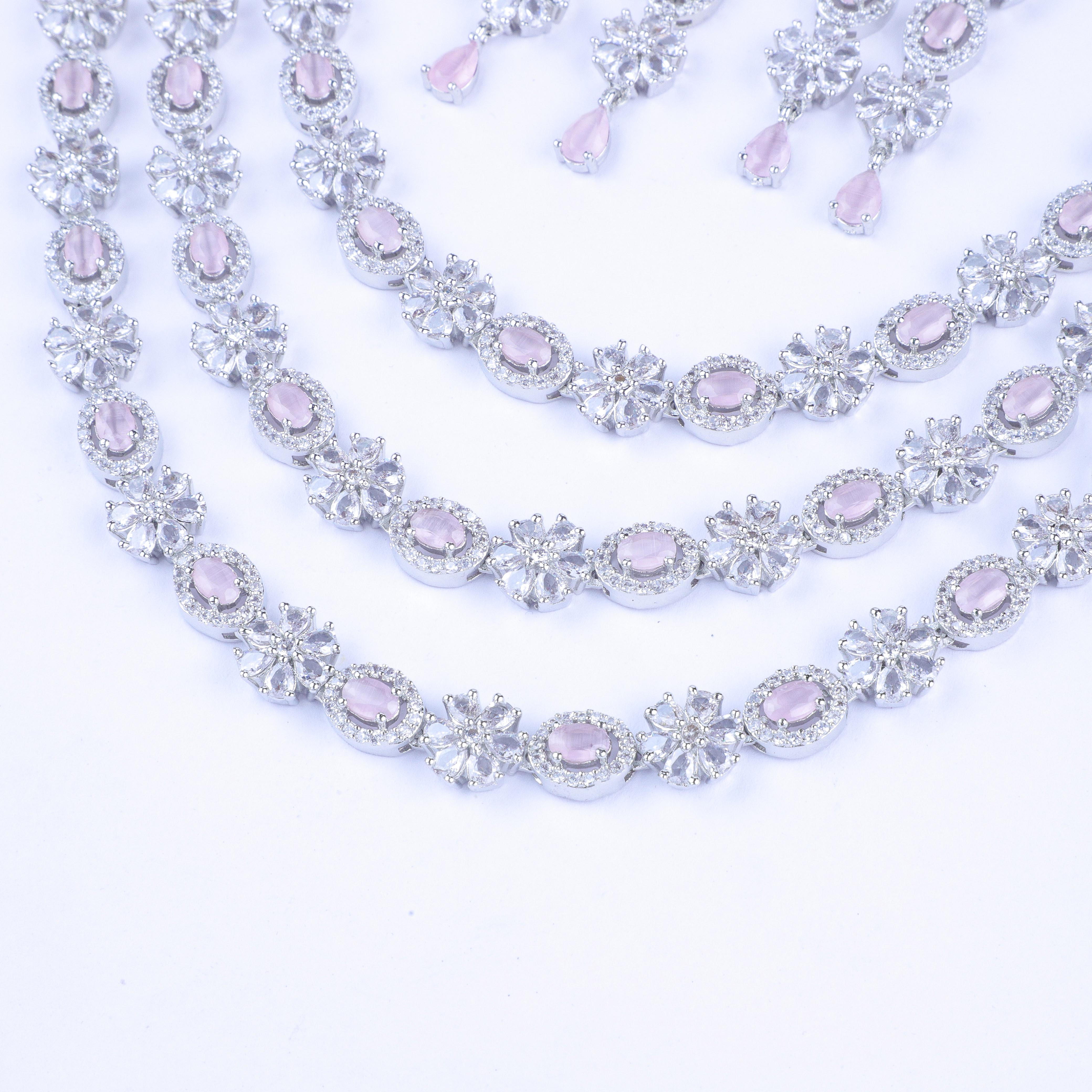 Pink 3-Layer Floral Zirconia Necklace Set