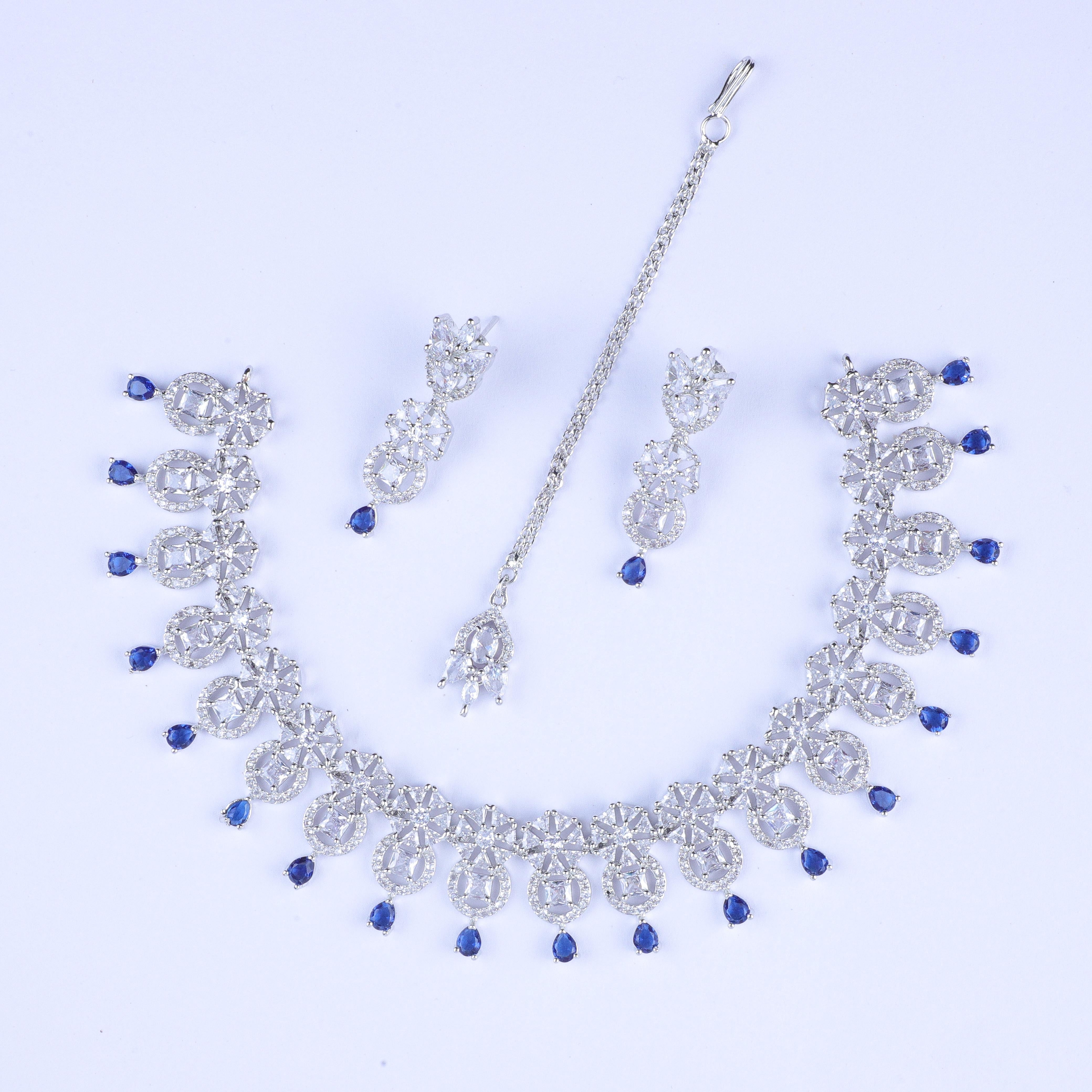 Blue Drop Floral Silver Zirconia Necklace Set