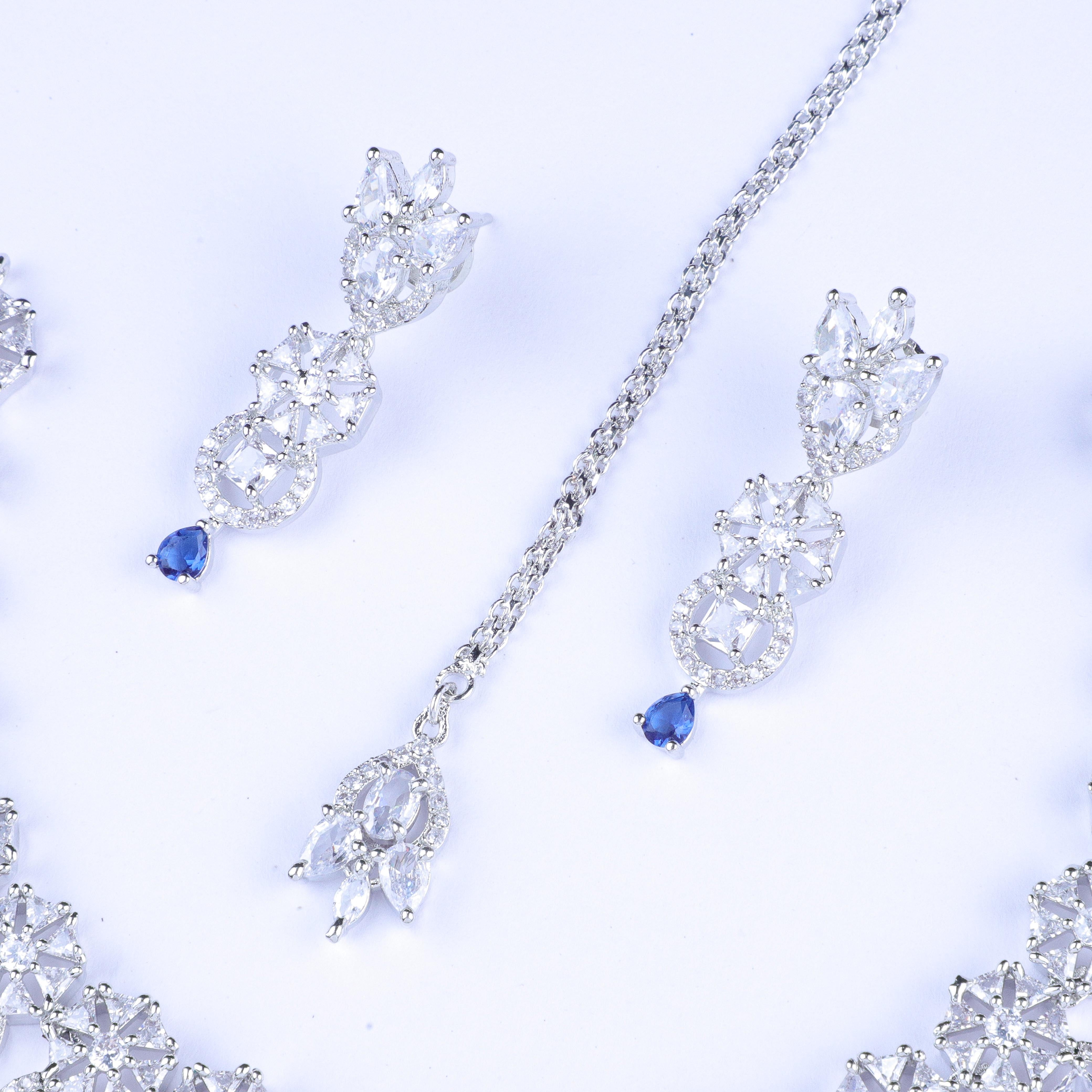 Blue Drop Floral Silver Zirconia Necklace Set