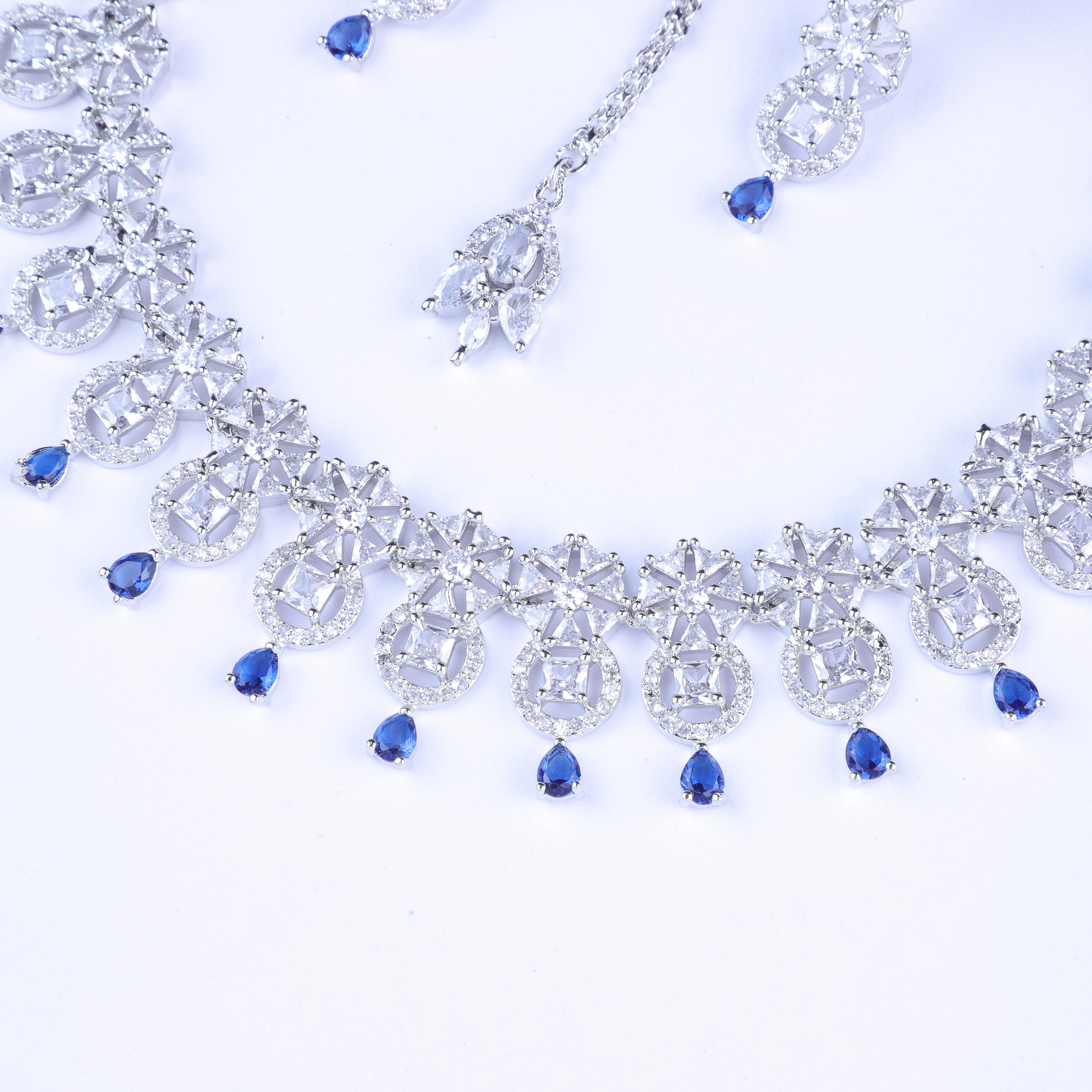 Blue Drop Floral Silver Zirconia Necklace Set