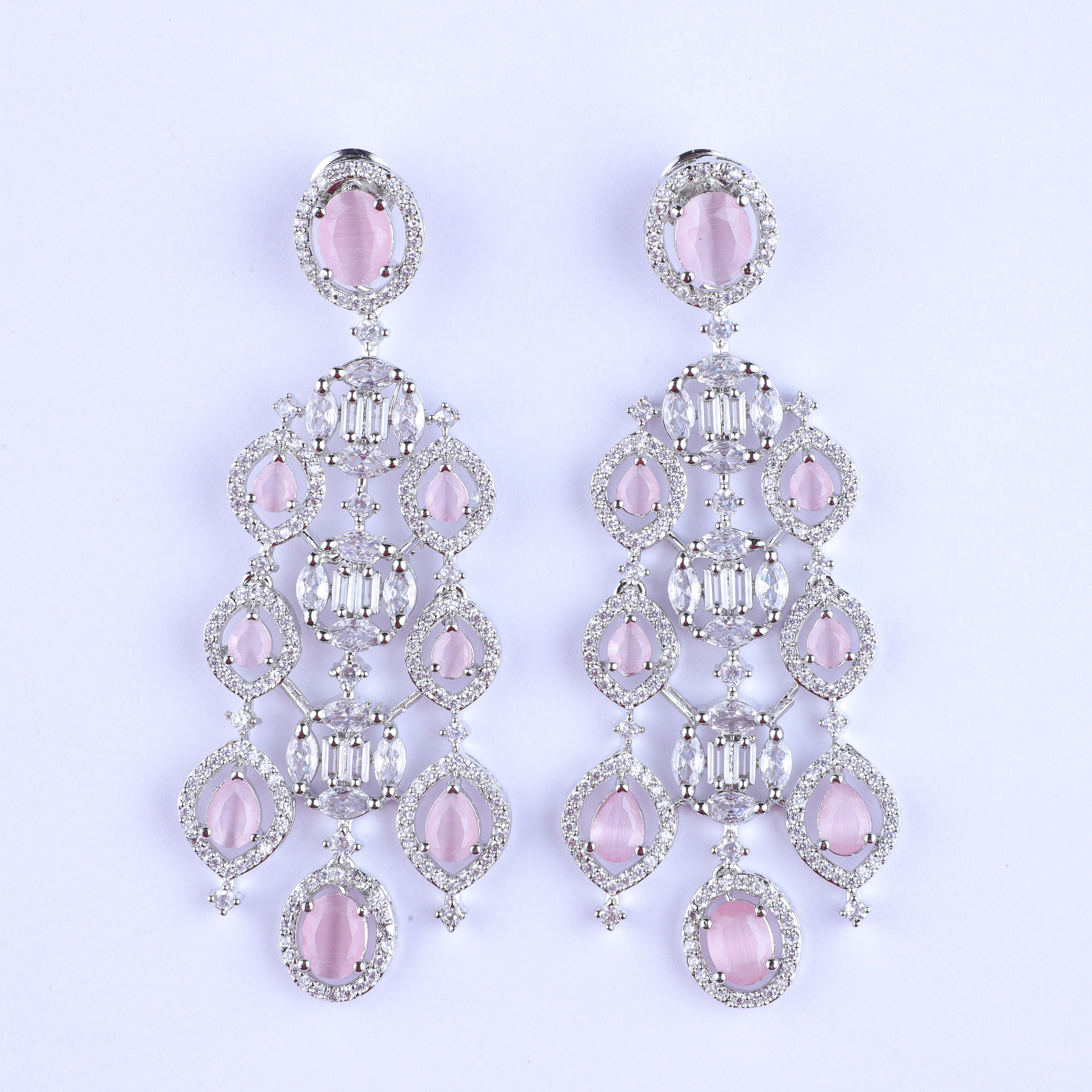 Pink Embellished Swaying Zirconia Earrings