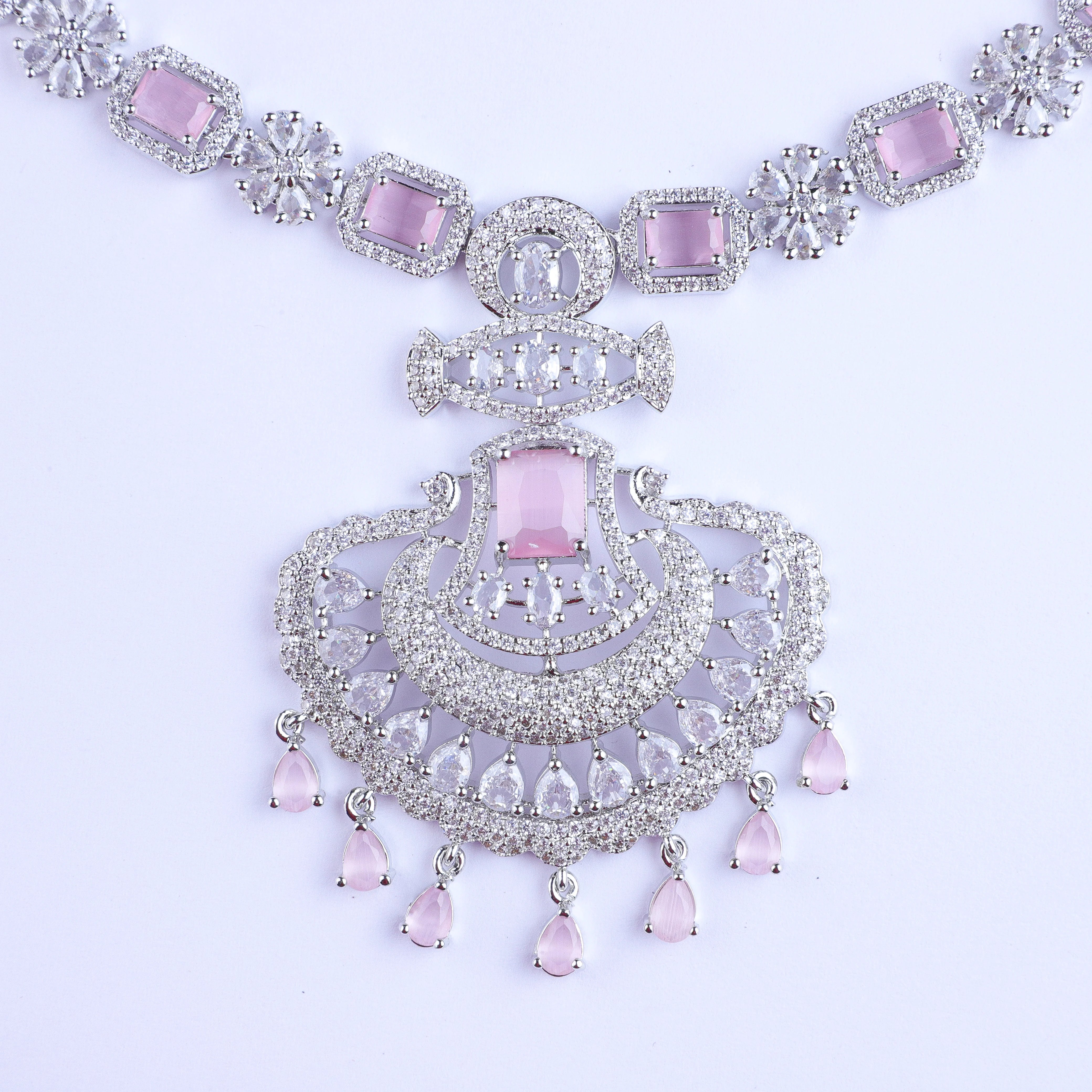 Pink Sparkle Drop Silver Zirconia Necklace