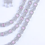 Pink Studded Tri-layer Silver Zirconia Necklace