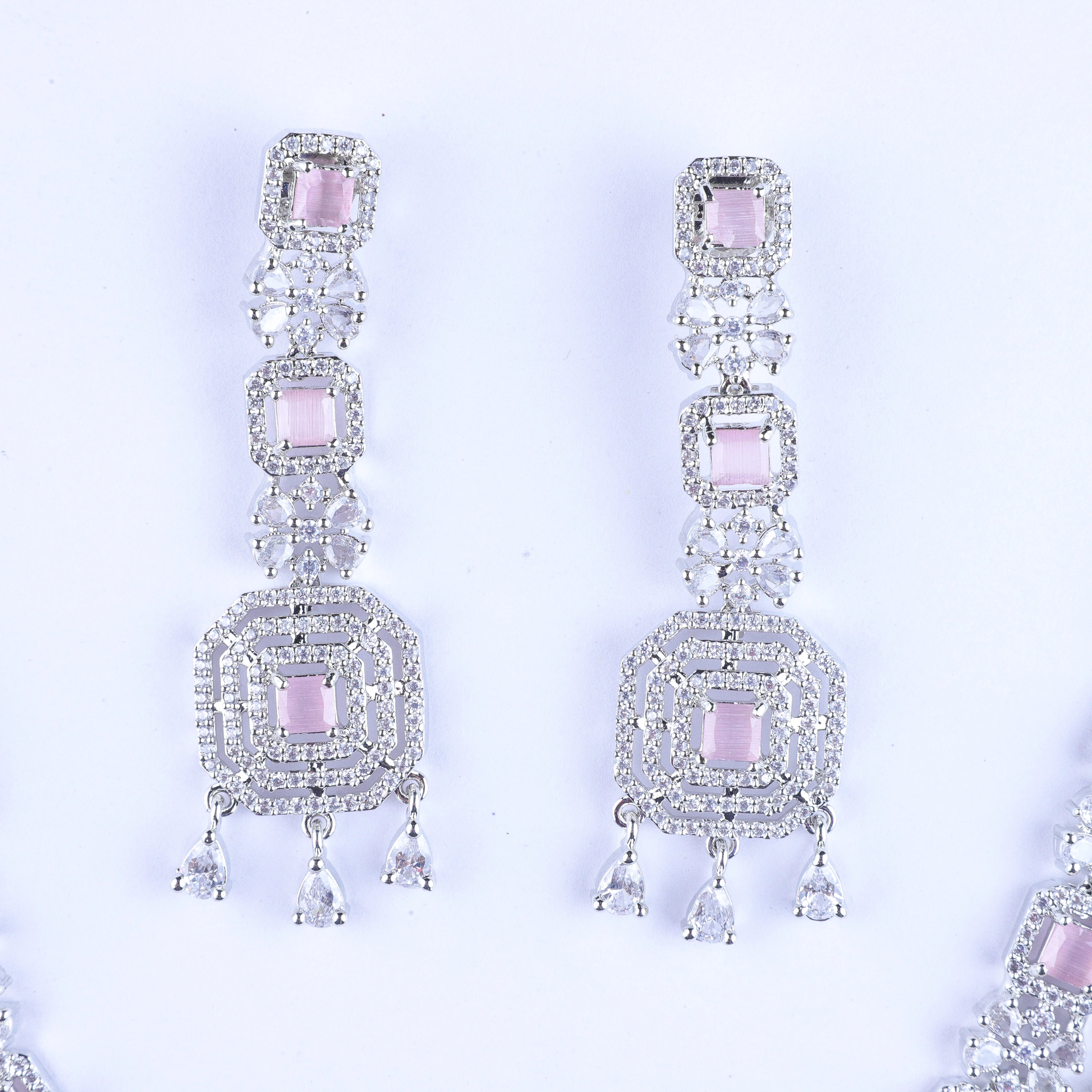 Pink Studded Tri-layer Silver Zirconia Necklace