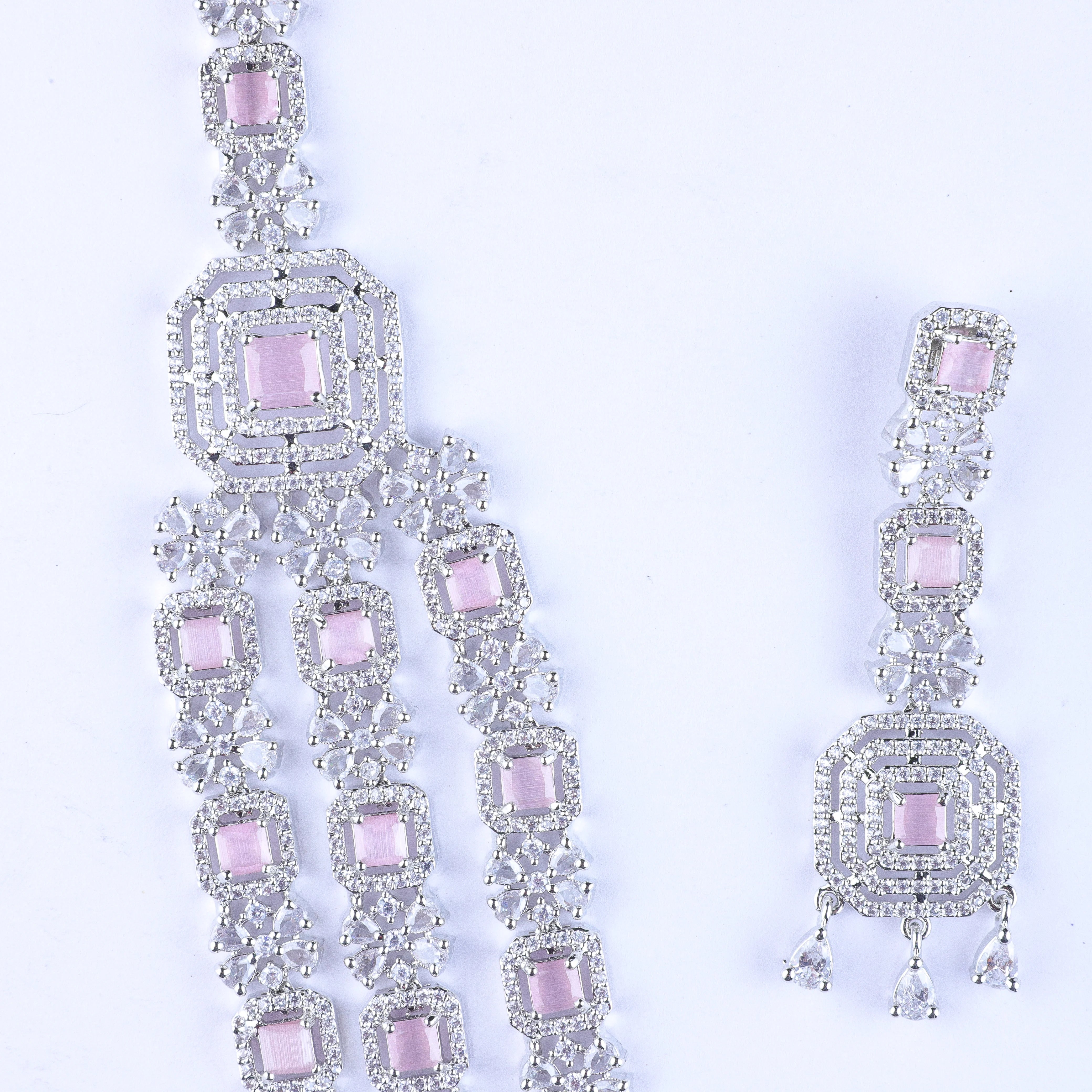 Pink Studded Tri-layer Silver Zirconia Necklace