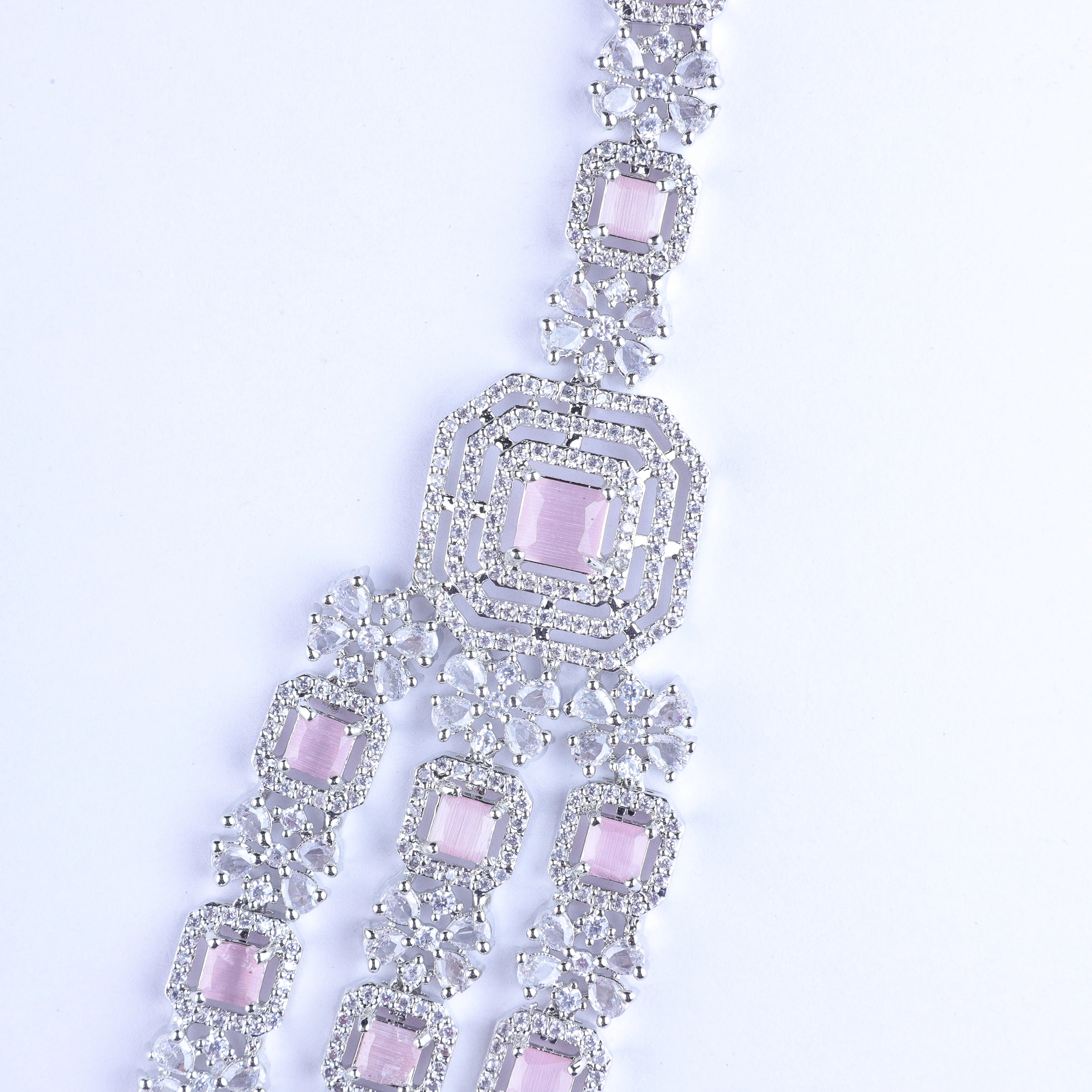 Pink Studded Tri-layer Silver Zirconia Necklace