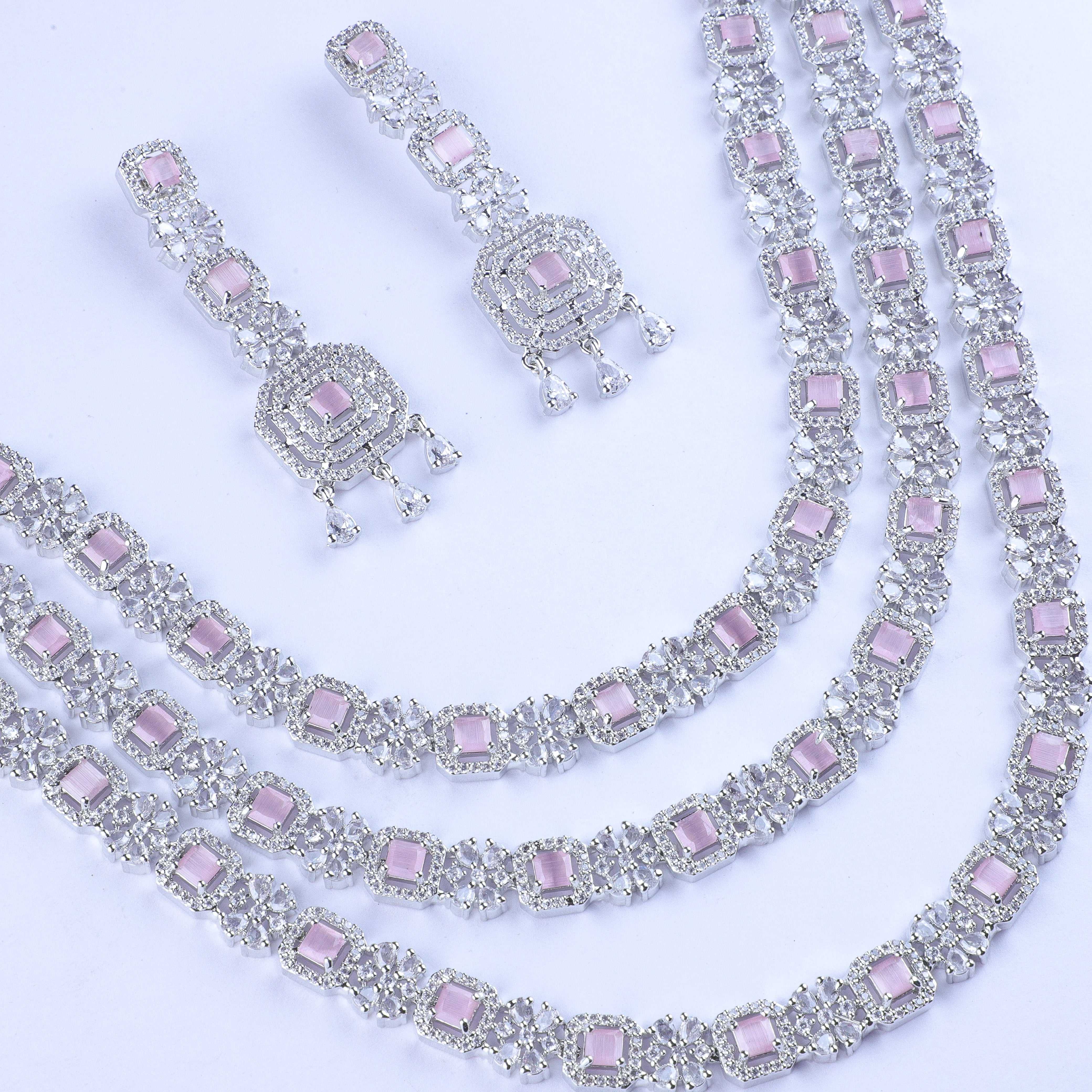 Pink Studded Tri-layer Silver Zirconia Necklace