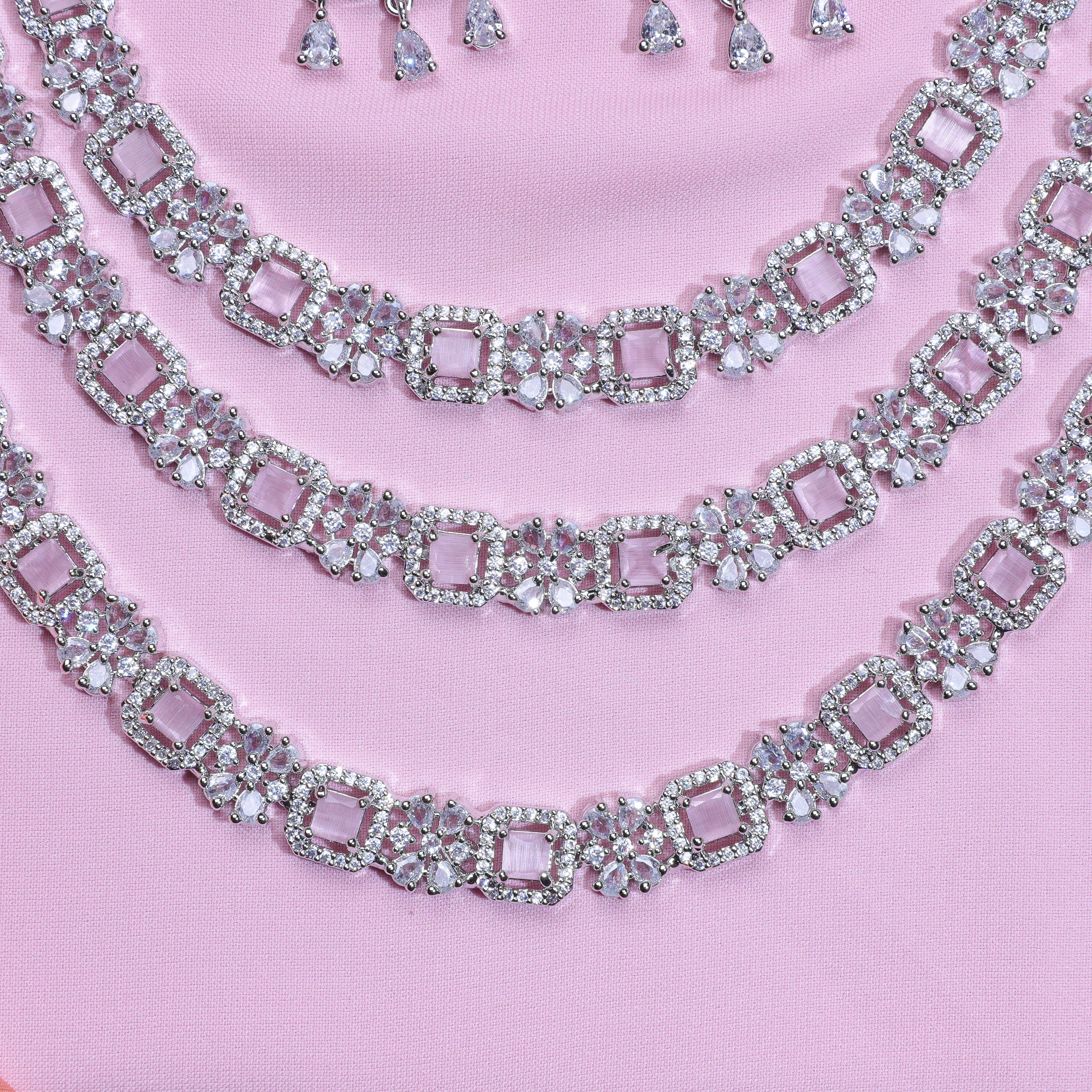 Pink Studded Tri-layer Silver Zirconia Necklace