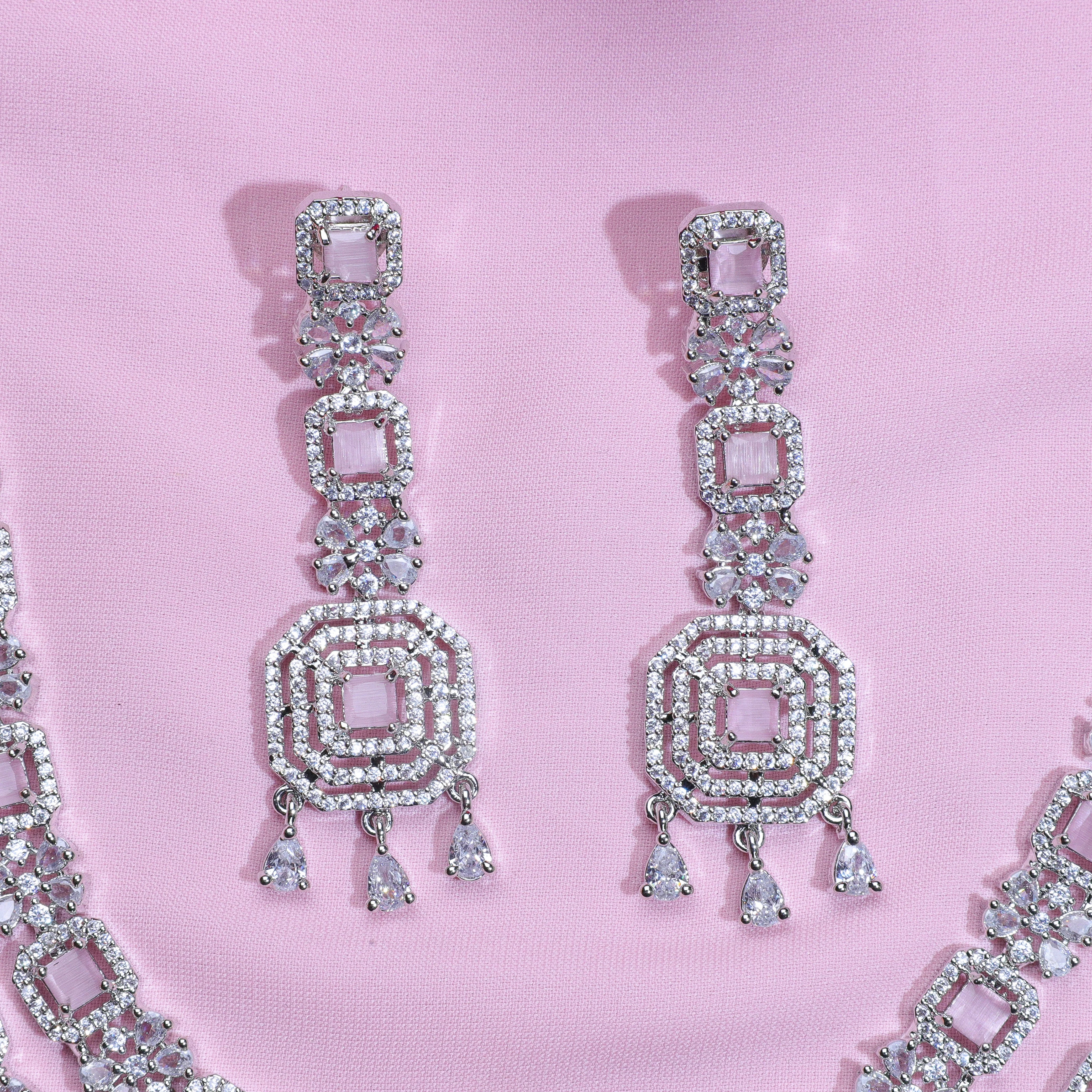 Pink Studded Tri-layer Silver Zirconia Necklace