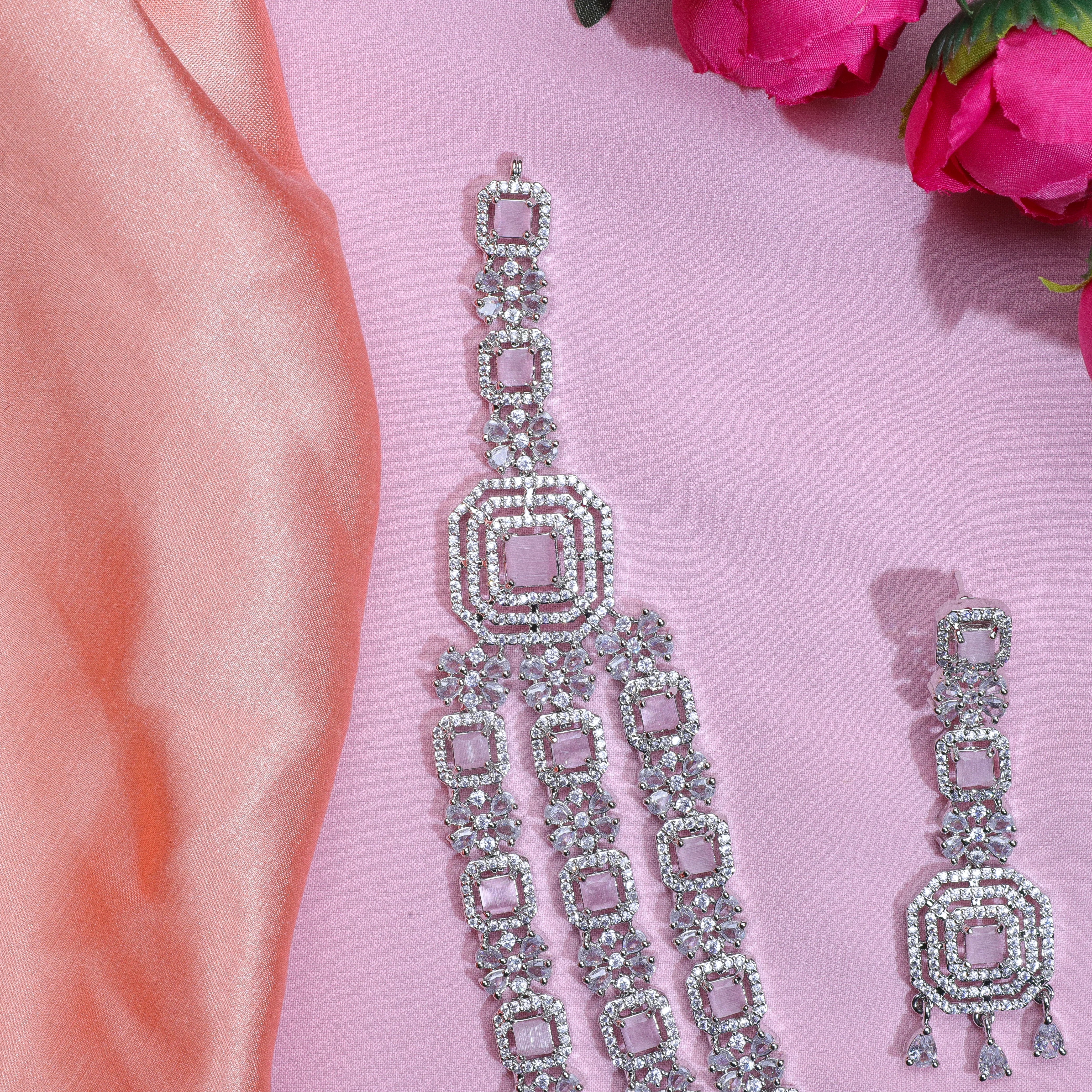 Pink Studded Tri-layer Silver Zirconia Necklace