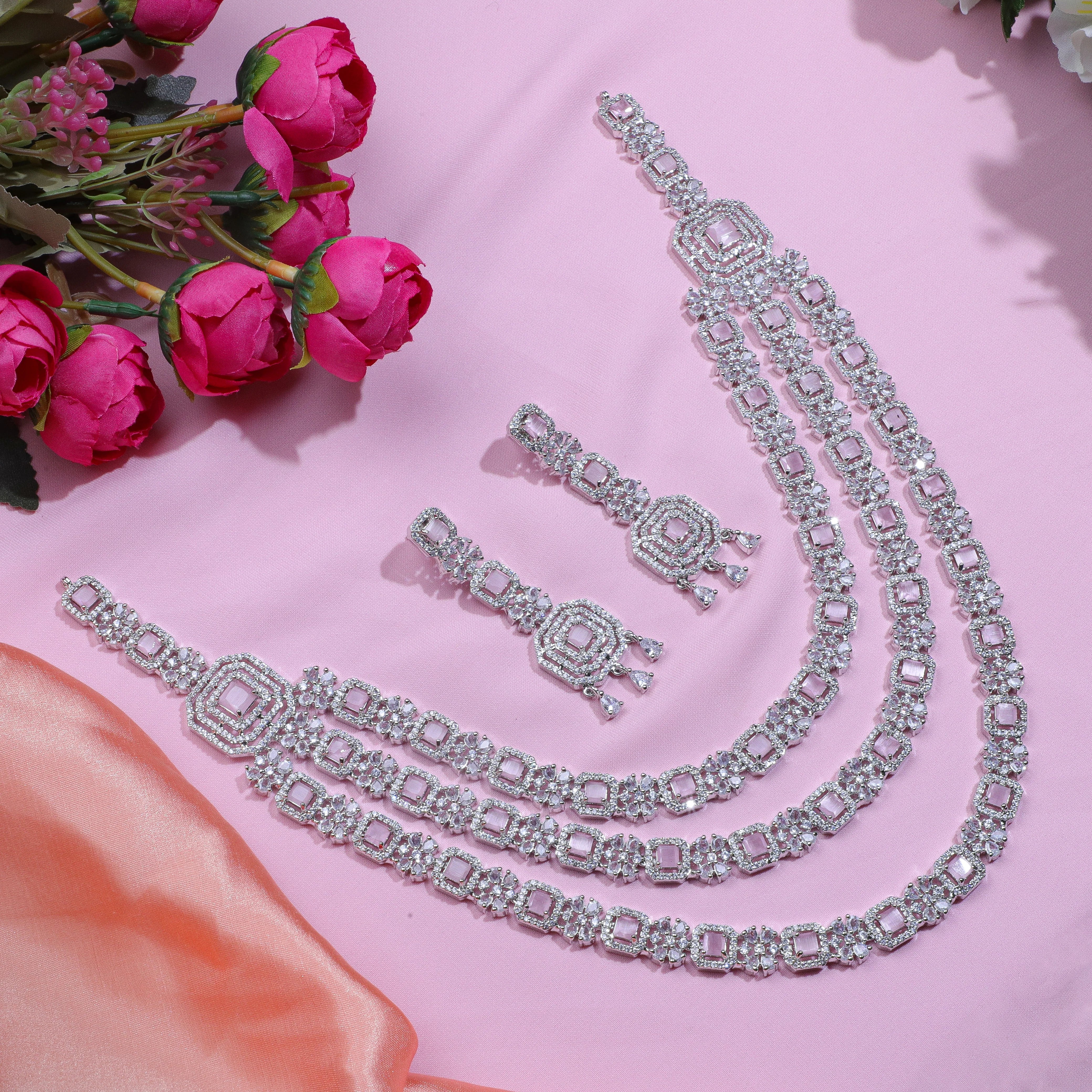 Pink Studded Tri-layer Silver Zirconia Necklace