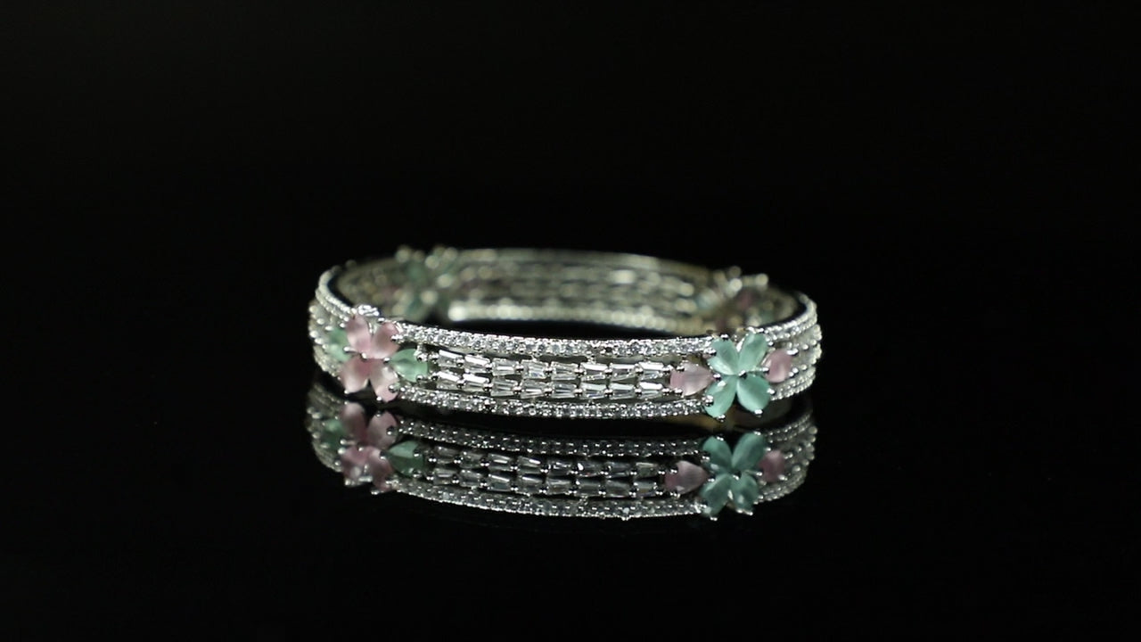 Floral Mint Pink Zirconia Bangles (Set of 2)